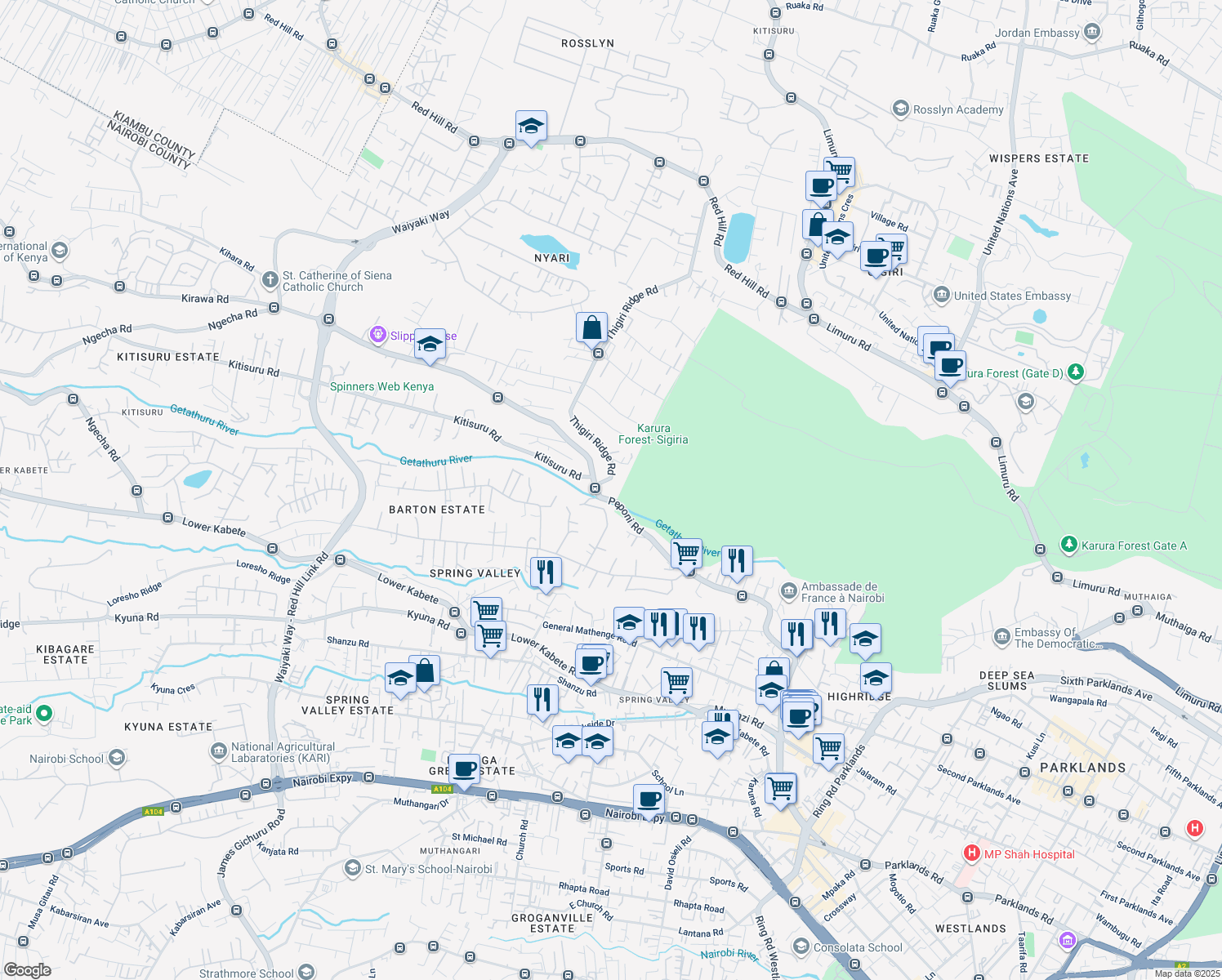 map of restaurants, bars, coffee shops, grocery stores, and more near 132 Thigiri Ridge Road in Nairobi
