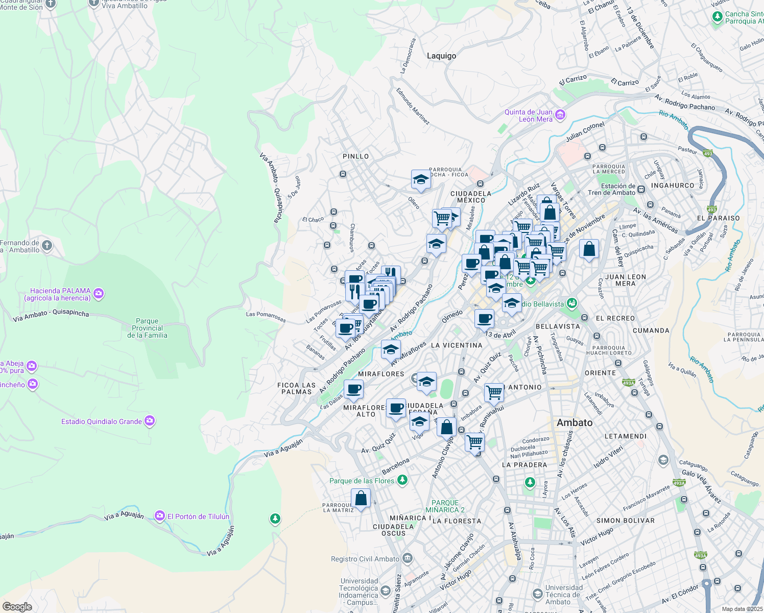 map of restaurants, bars, coffee shops, grocery stores, and more near Avenida Los Guaytambos in Ambato