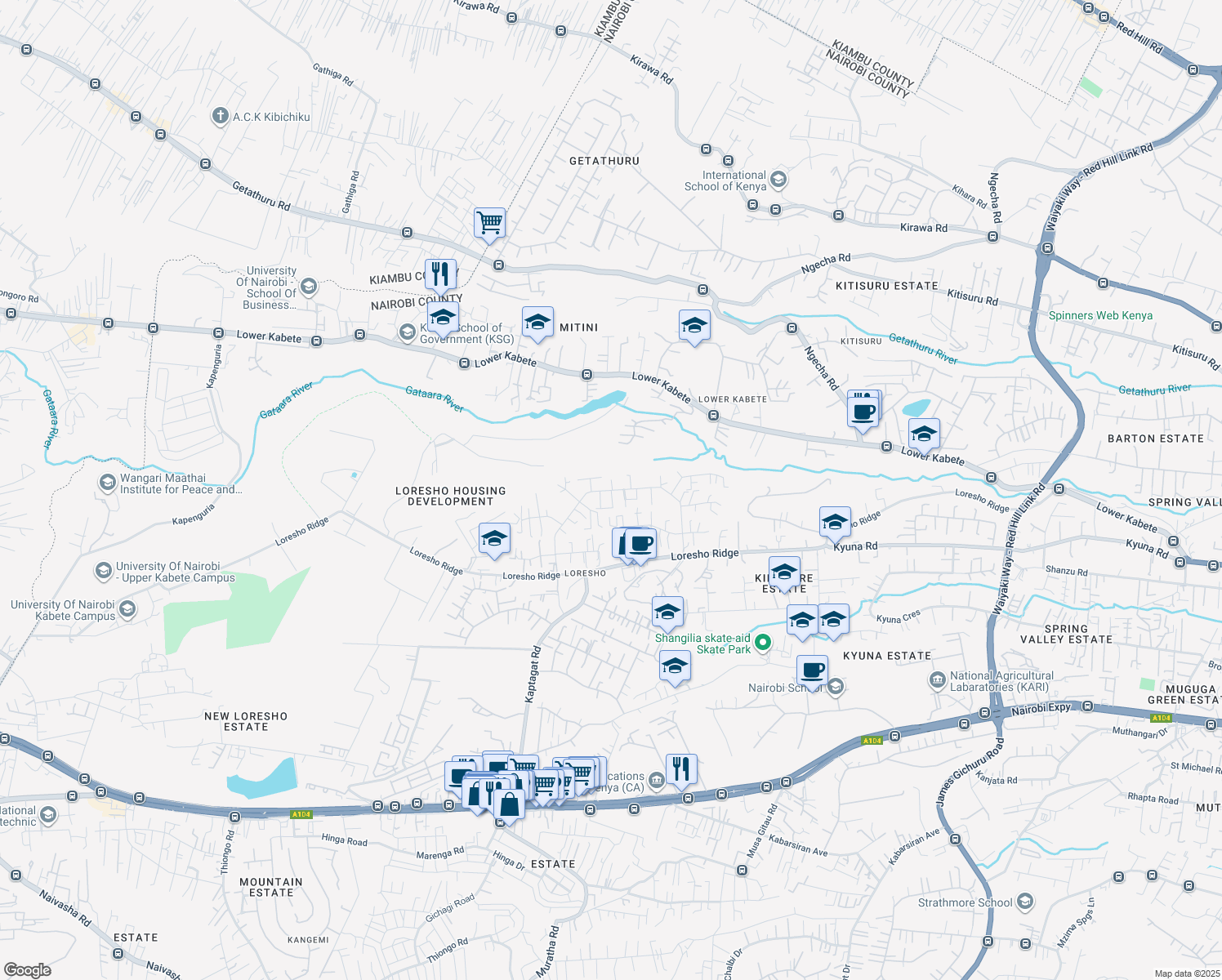 map of restaurants, bars, coffee shops, grocery stores, and more near Loresho Crescent in Nairobi