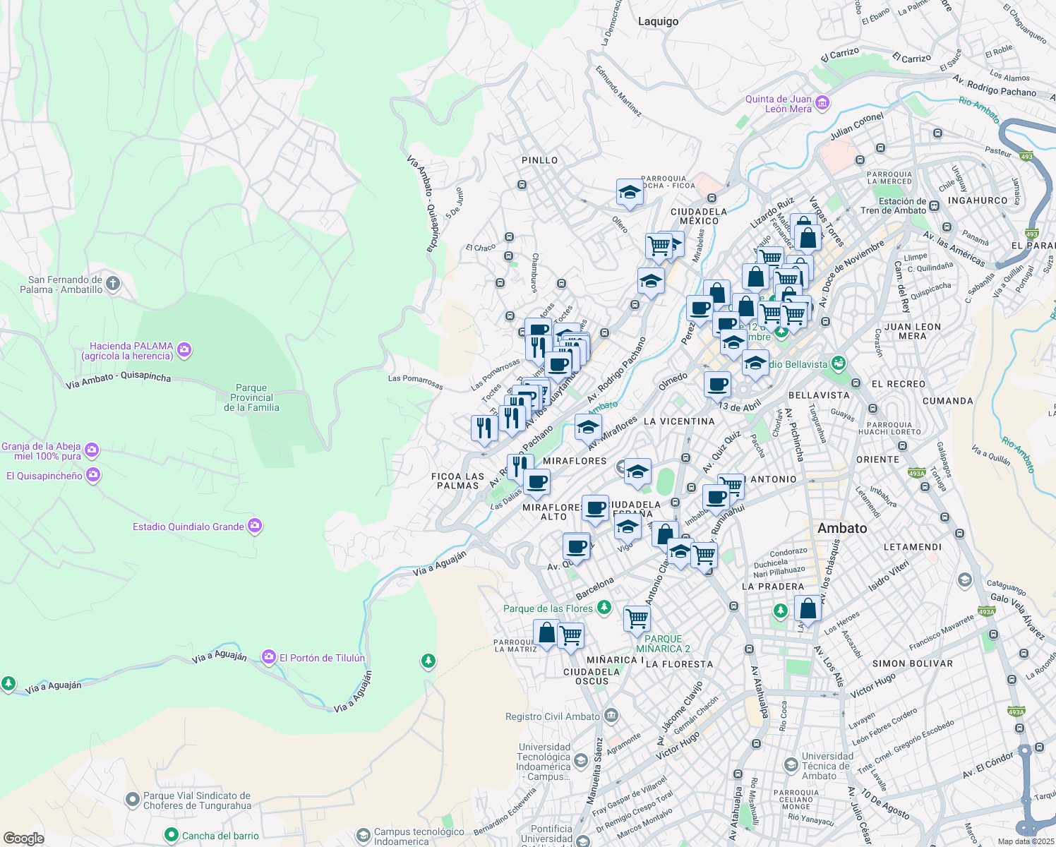 map of restaurants, bars, coffee shops, grocery stores, and more near Avenida Los Guaytambos in Ambato