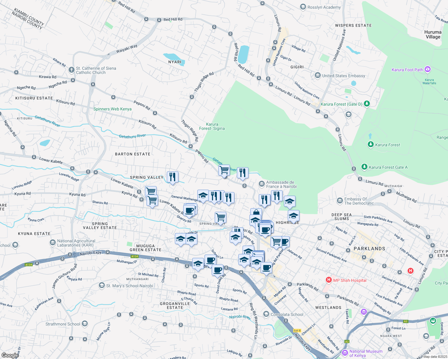 map of restaurants, bars, coffee shops, grocery stores, and more near Peponi Road in Nairobi