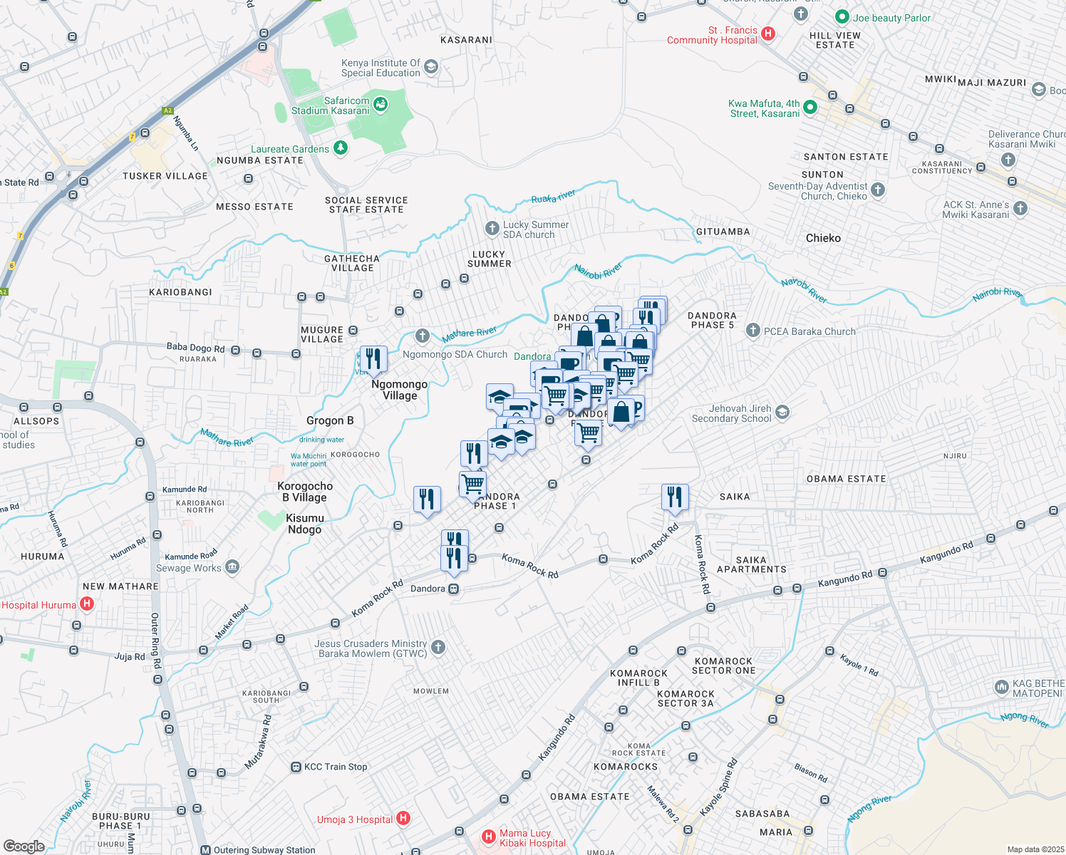 map of restaurants, bars, coffee shops, grocery stores, and more near Muigai Kenyatta Road in Nairobi