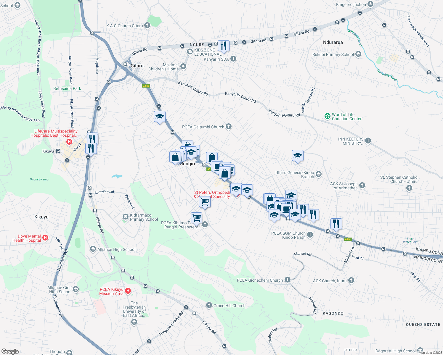 map of restaurants, bars, coffee shops, grocery stores, and more near in Rungiri