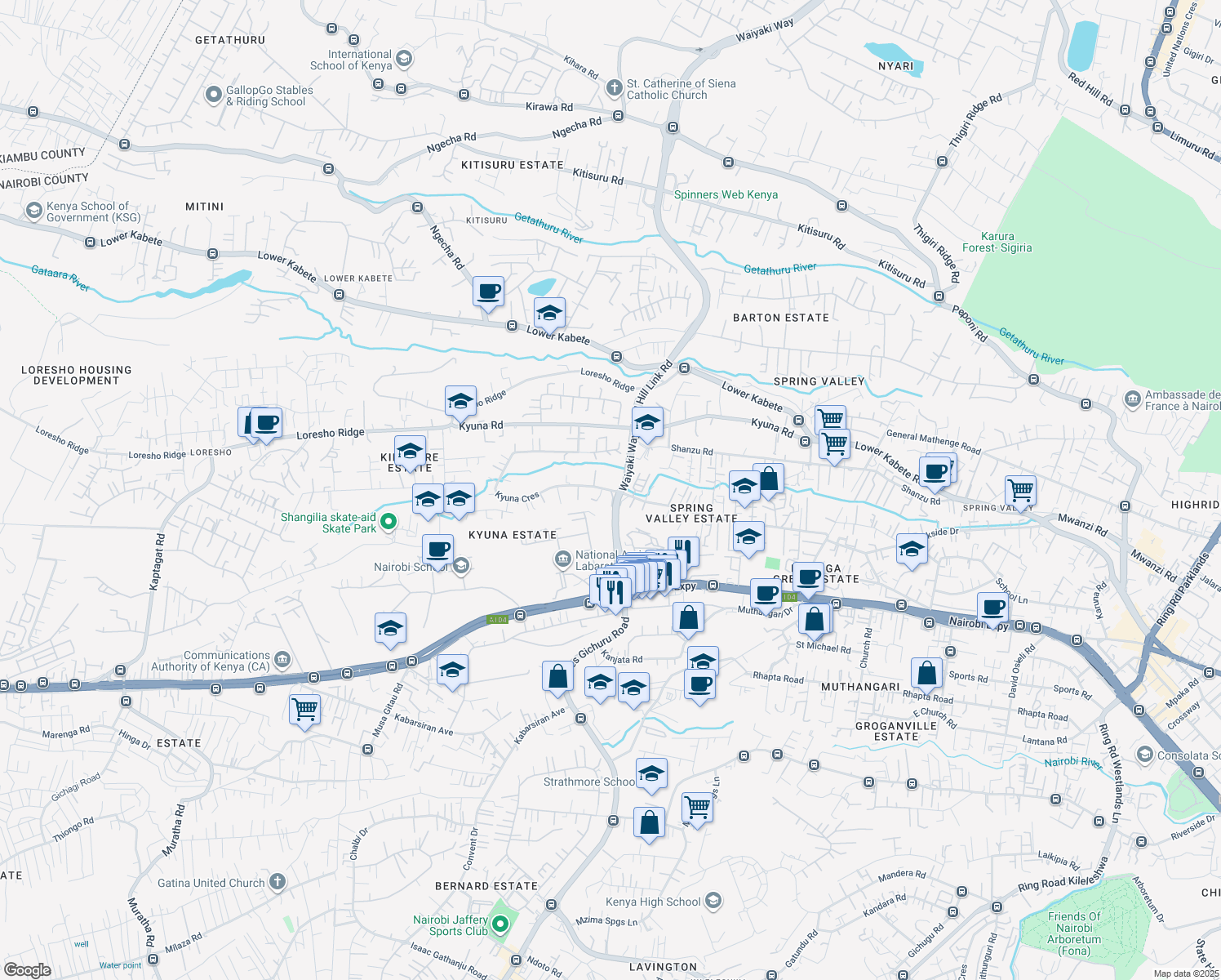 map of restaurants, bars, coffee shops, grocery stores, and more near Kyuna Crescent in Nairobi