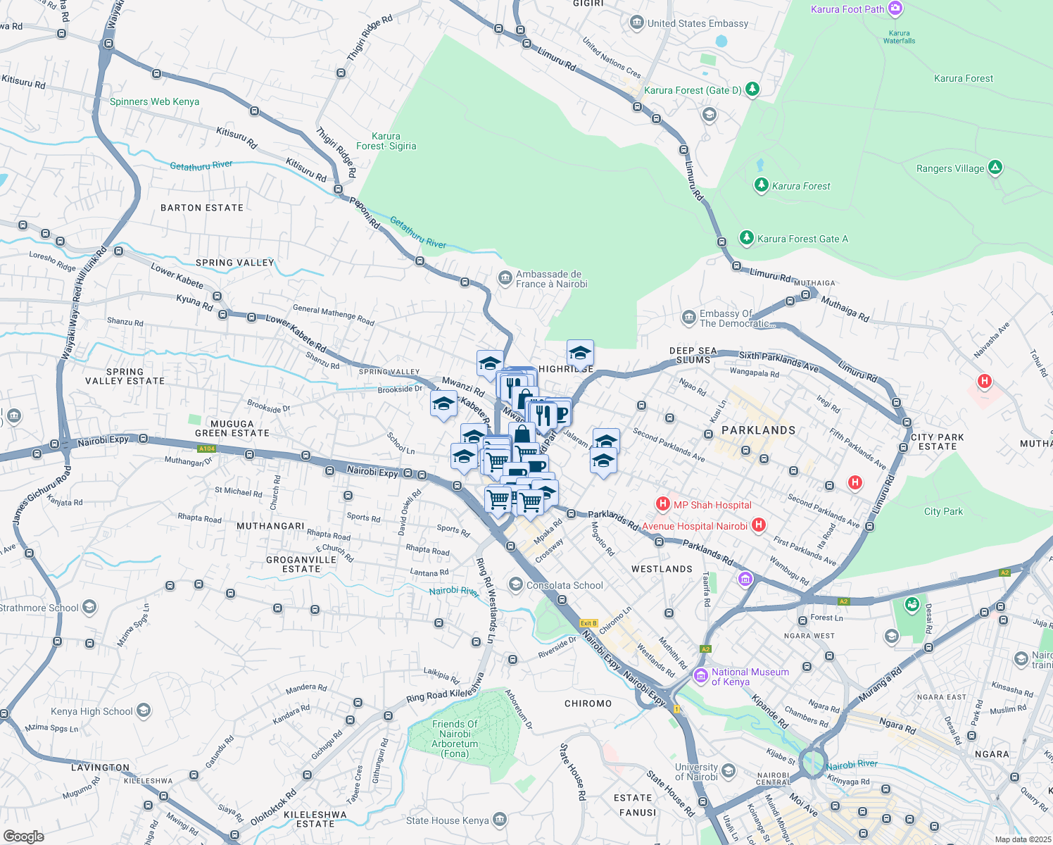 map of restaurants, bars, coffee shops, grocery stores, and more near Mwanzi Road in Nairobi