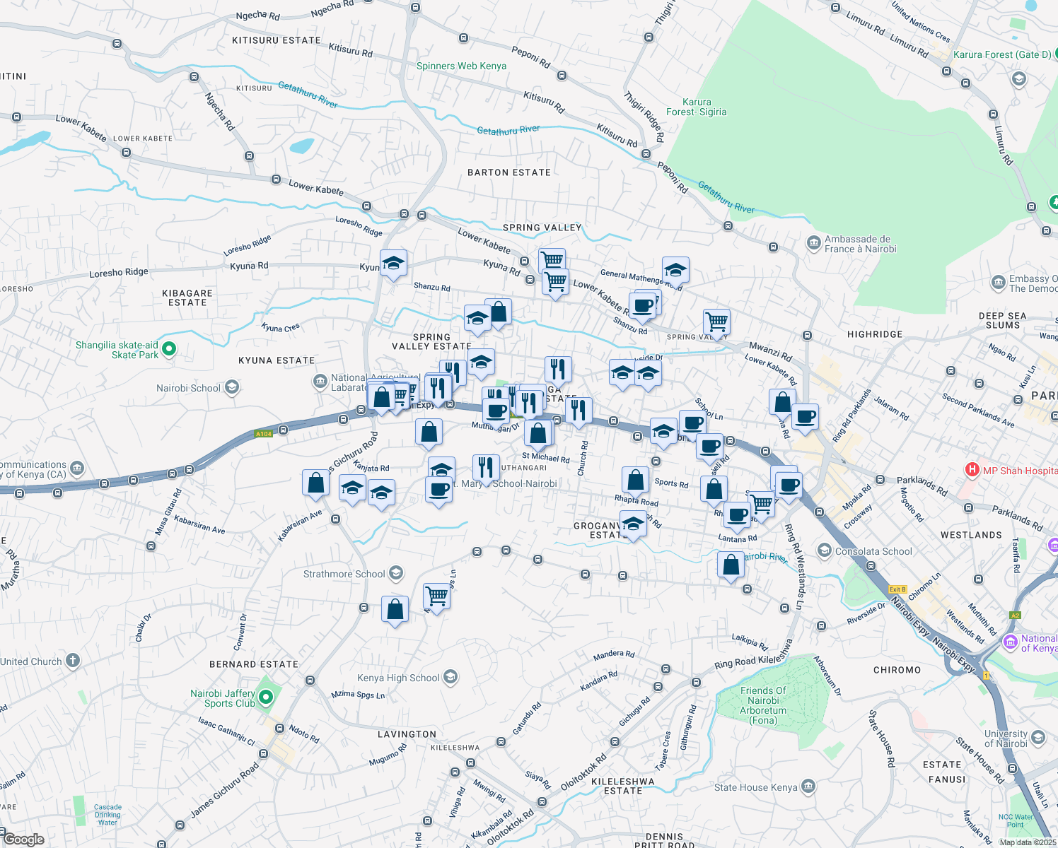 map of restaurants, bars, coffee shops, grocery stores, and more near Muthangari Drive in Nairobi