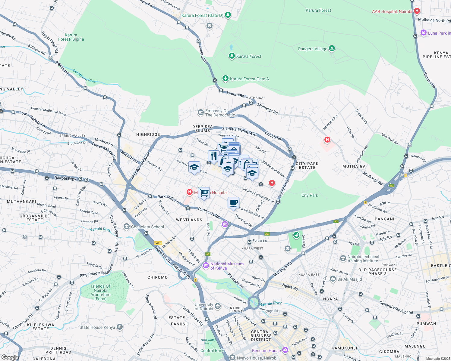 map of restaurants, bars, coffee shops, grocery stores, and more near Second Parklands Avenue in Nairobi