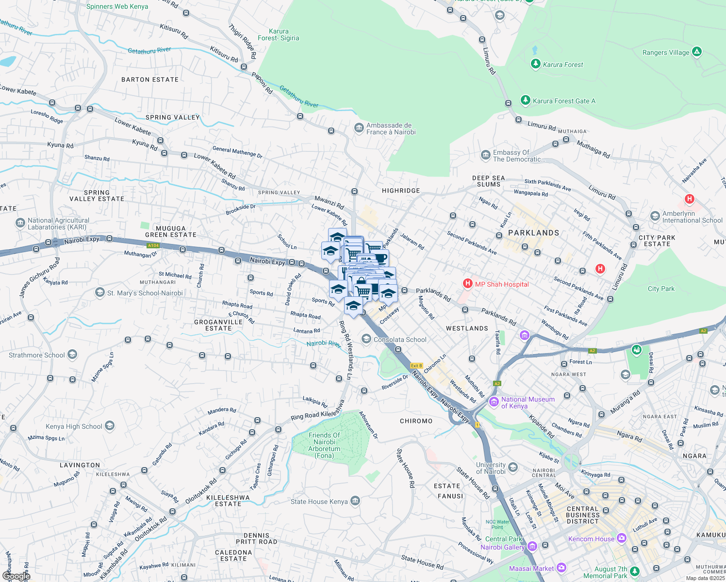 map of restaurants, bars, coffee shops, grocery stores, and more near Ring Road Parklands in Nairobi