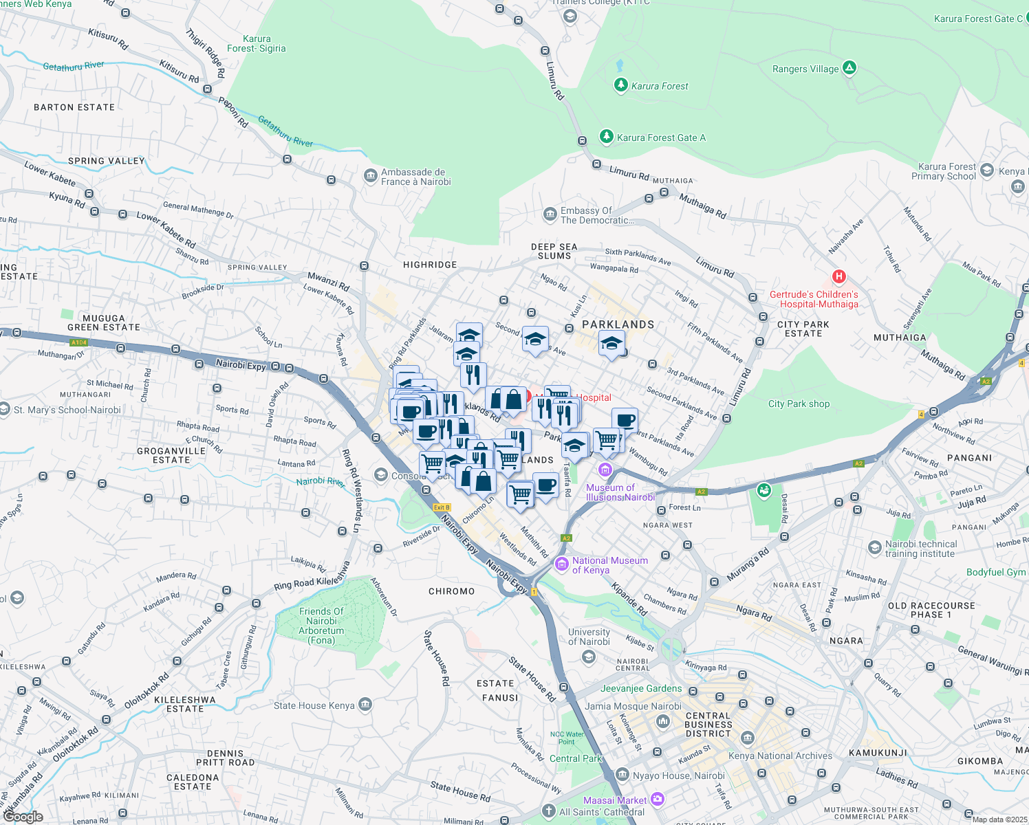 map of restaurants, bars, coffee shops, grocery stores, and more near 5 Shivachi Road in Nairobi