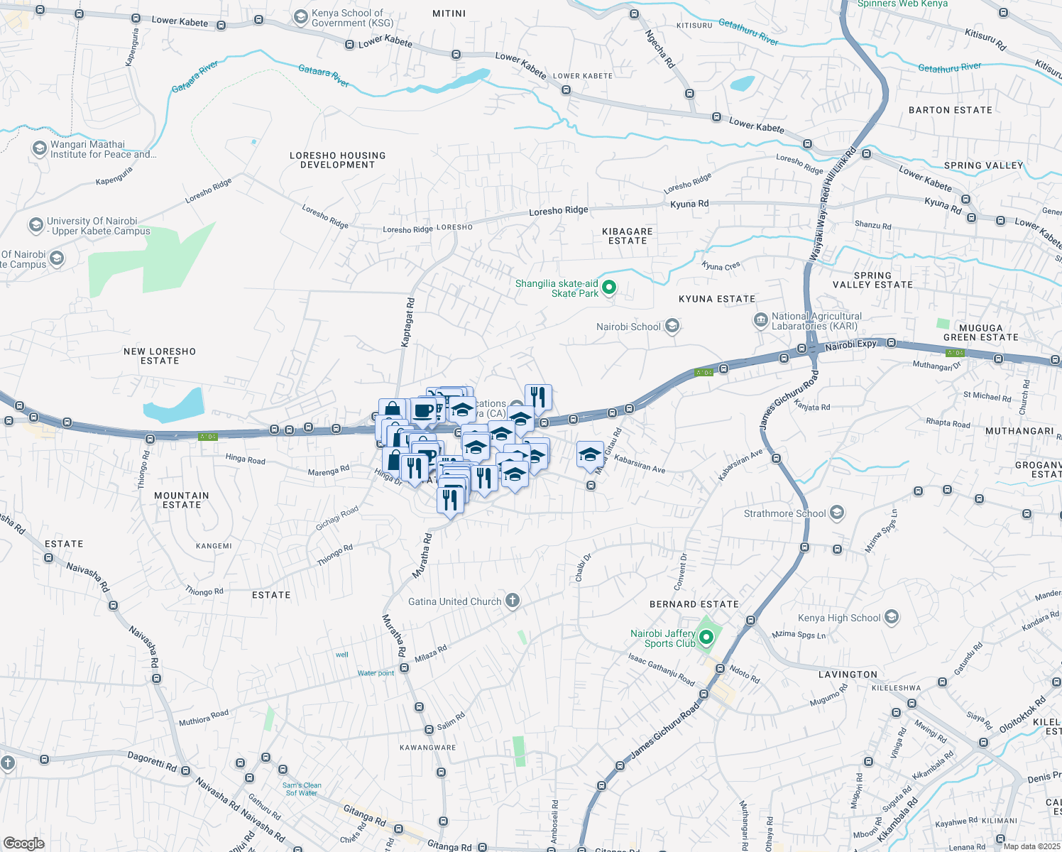 map of restaurants, bars, coffee shops, grocery stores, and more near Waiyaki Way in Nairobi