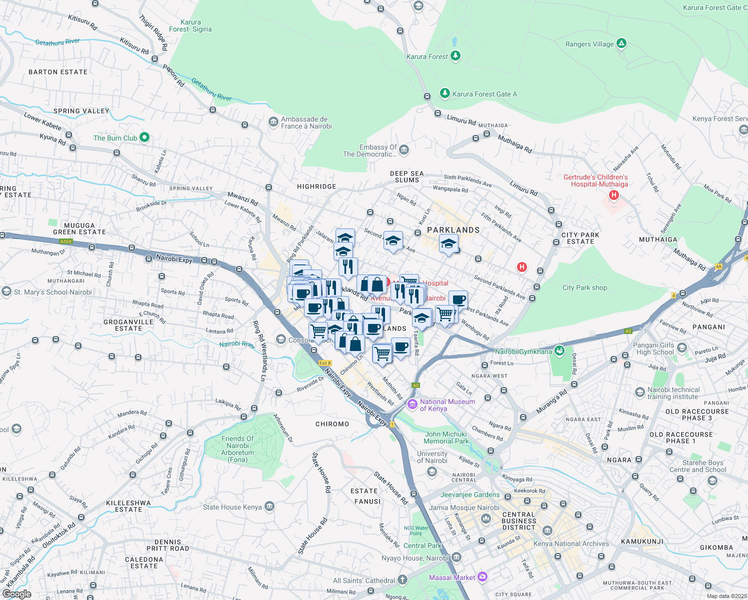map of restaurants, bars, coffee shops, grocery stores, and more near 5 Shivachi Road in Nairobi
