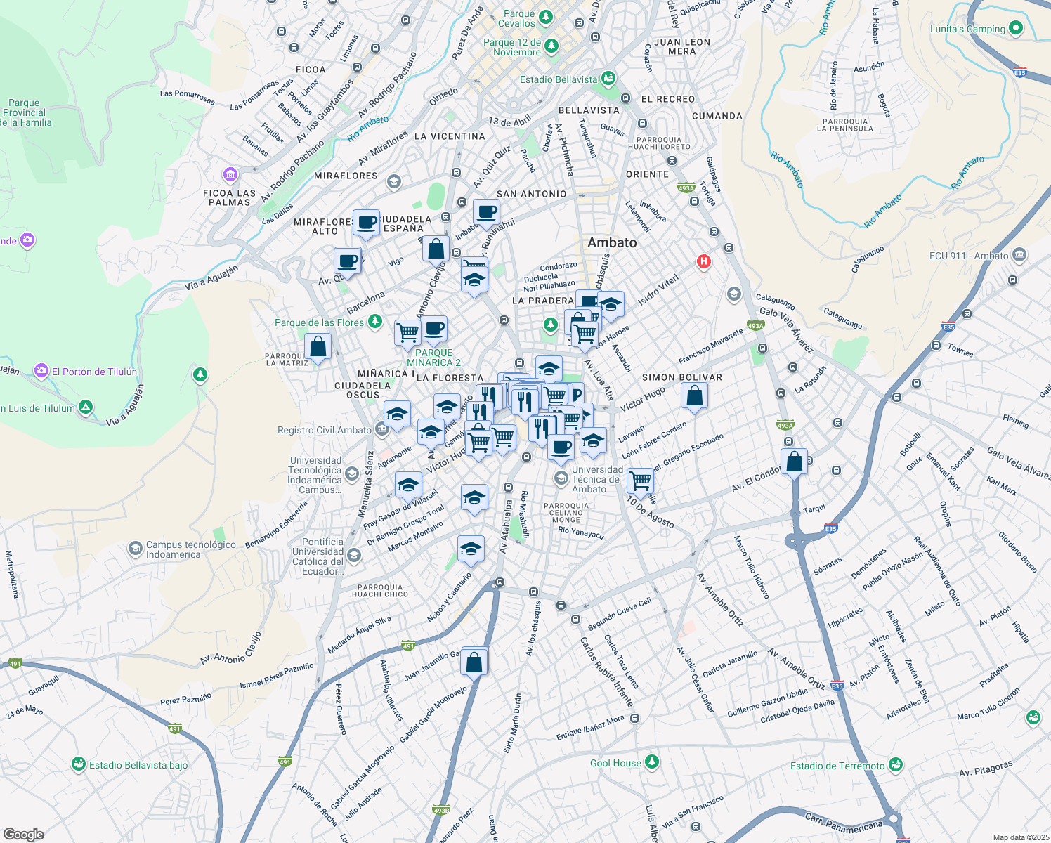 map of restaurants, bars, coffee shops, grocery stores, and more near Avenida Atahualpa in Ambato