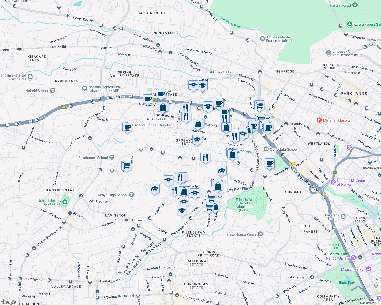 map of restaurants, bars, coffee shops, grocery stores, and more near 104 Riverside Drive in Nairobi