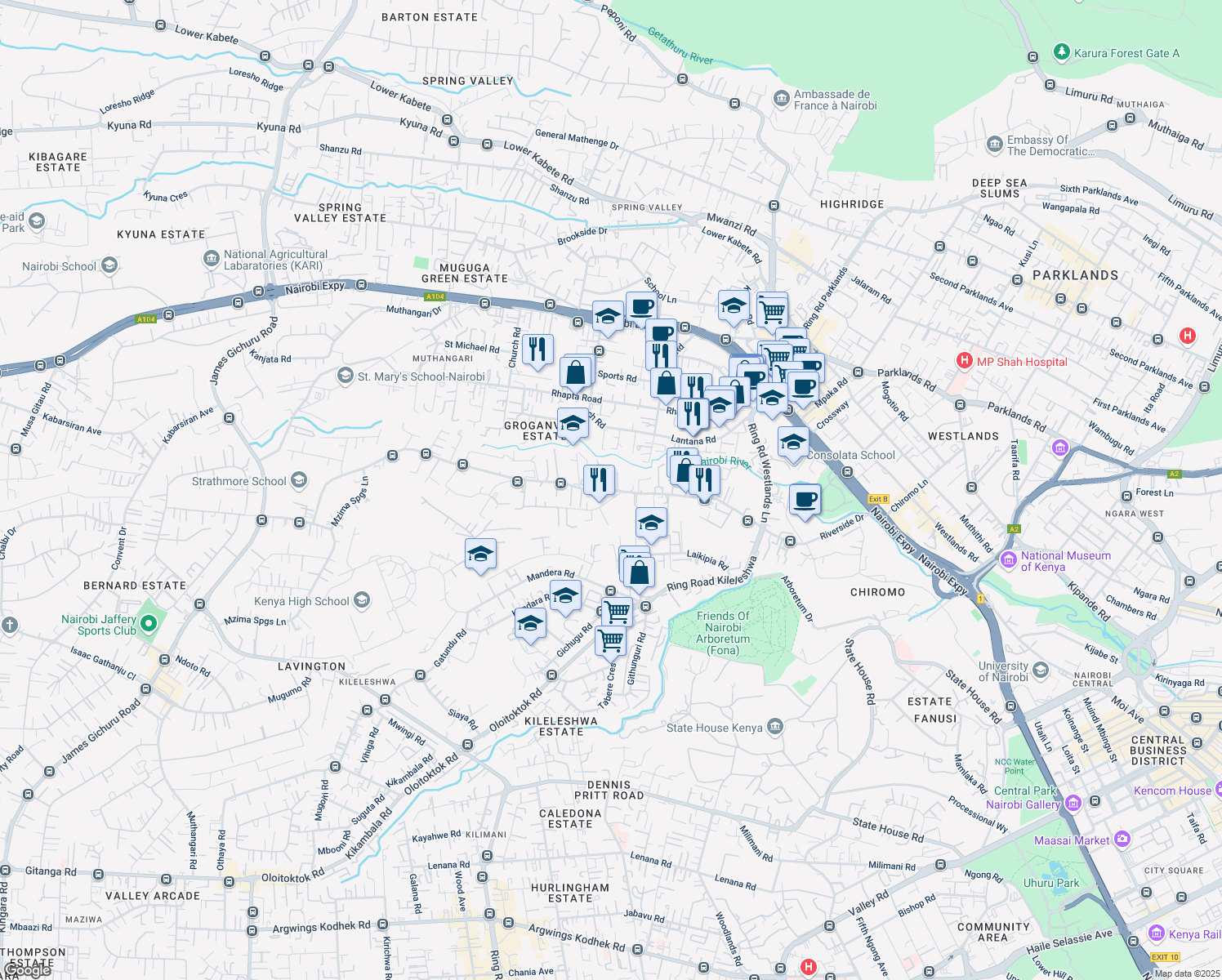 map of restaurants, bars, coffee shops, grocery stores, and more near Riverside Drive in Nairobi