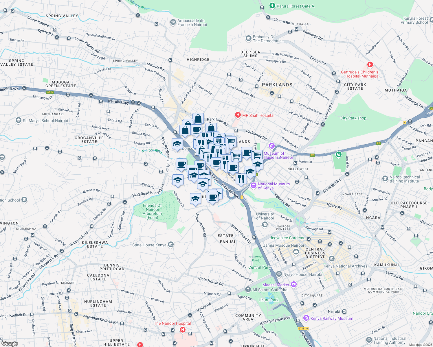 map of restaurants, bars, coffee shops, grocery stores, and more near Waiyaki Way in Nairobi