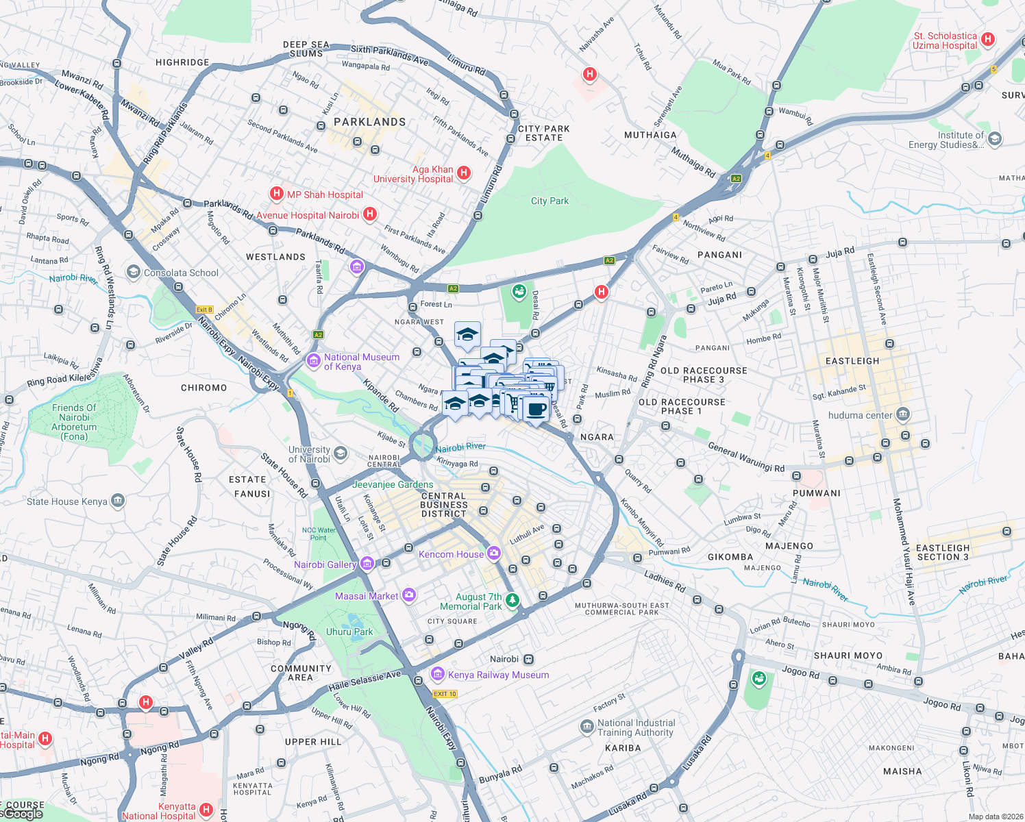 map of restaurants, bars, coffee shops, grocery stores, and more near Ngara Road in Nairobi