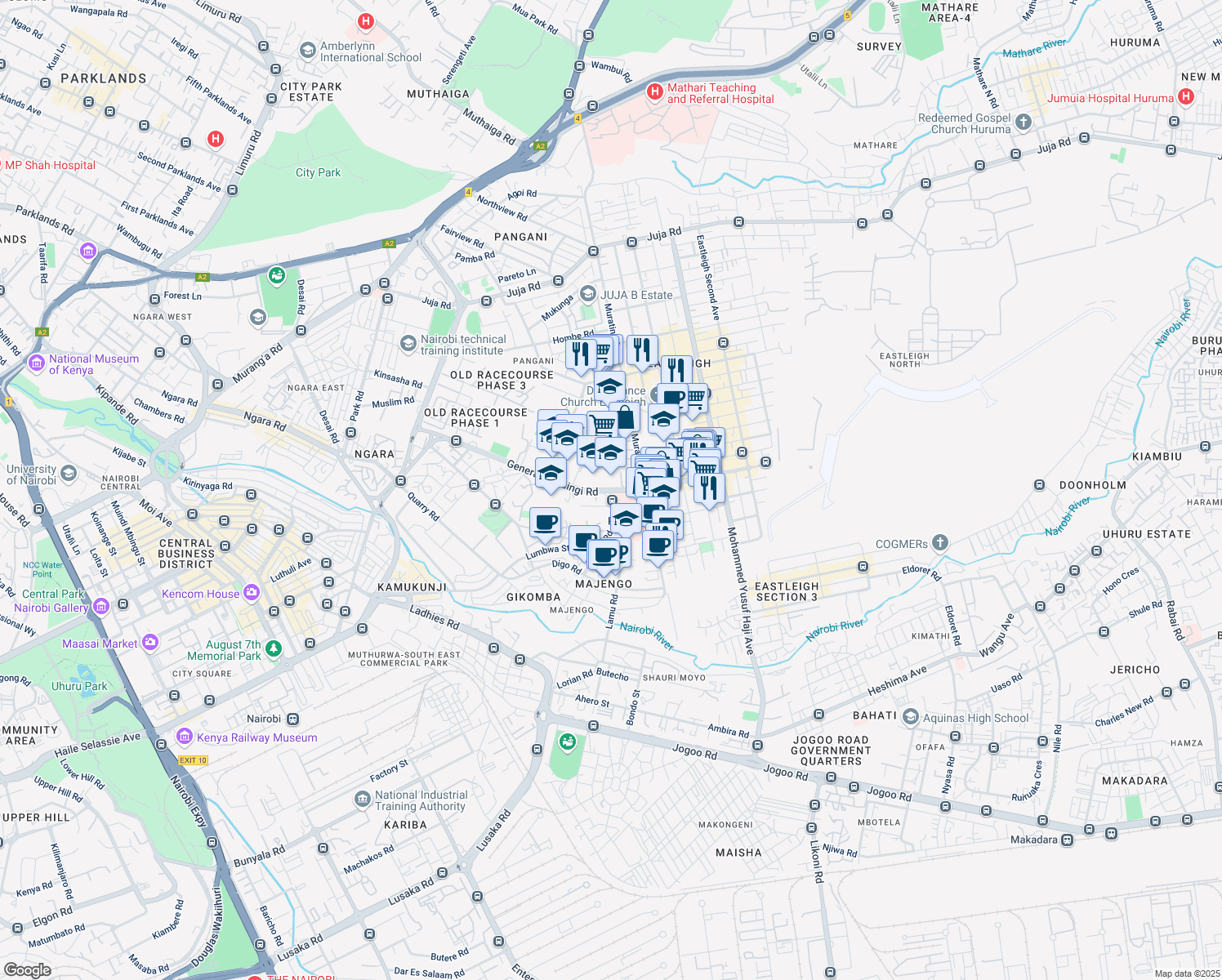map of restaurants, bars, coffee shops, grocery stores, and more near General Waruingi Street in Nairobi