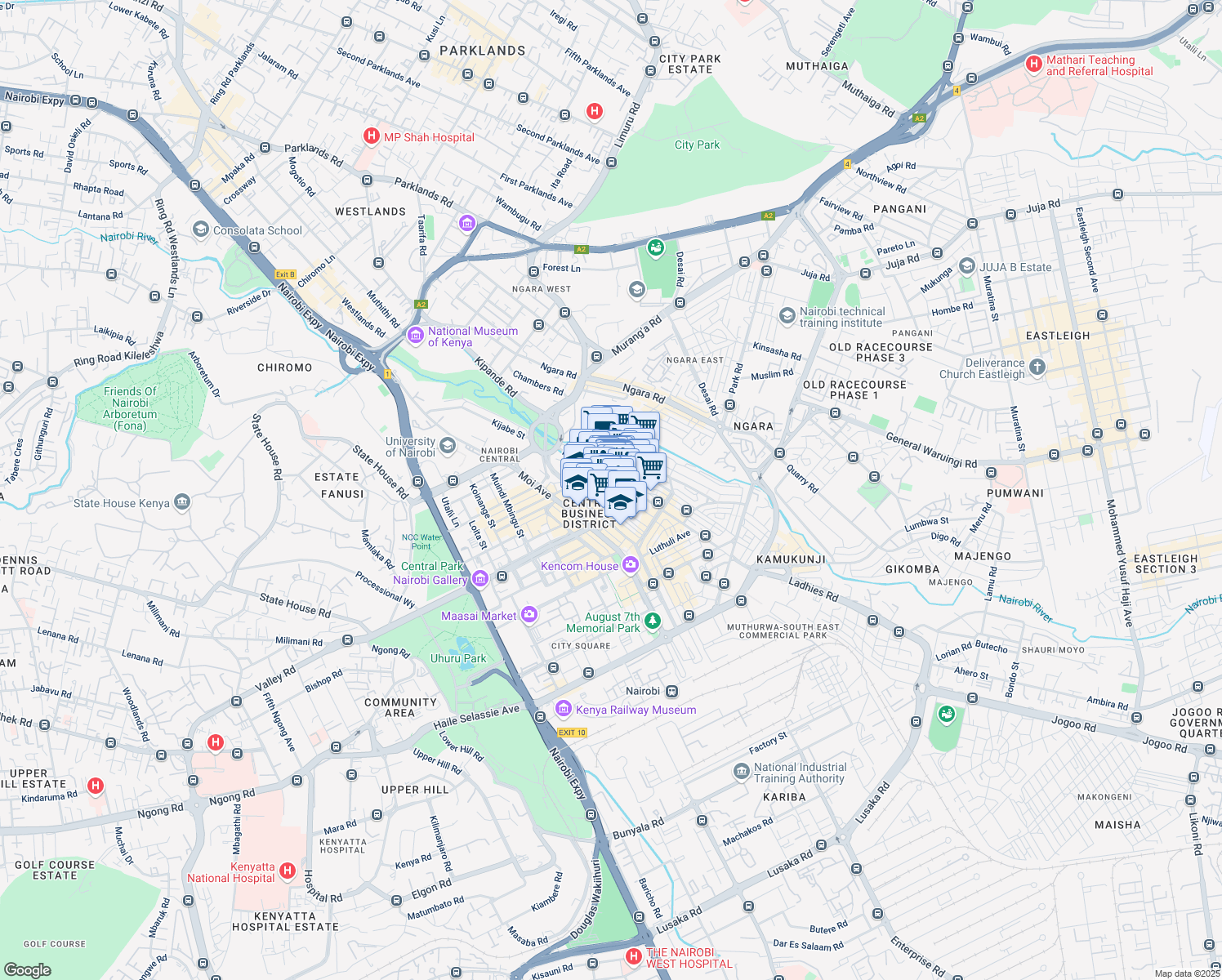 map of restaurants, bars, coffee shops, grocery stores, and more near Ngariama Lane in Nairobi