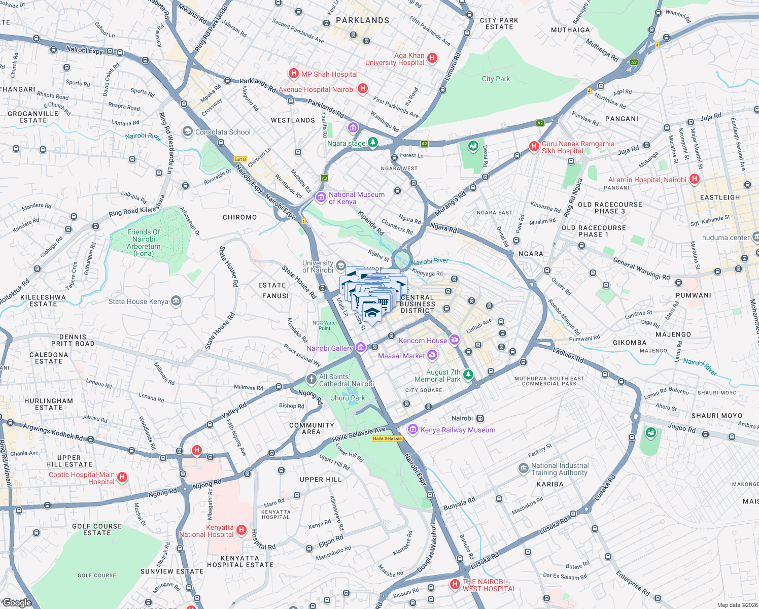 map of restaurants, bars, coffee shops, grocery stores, and more near Njugu Lane in Nairobi