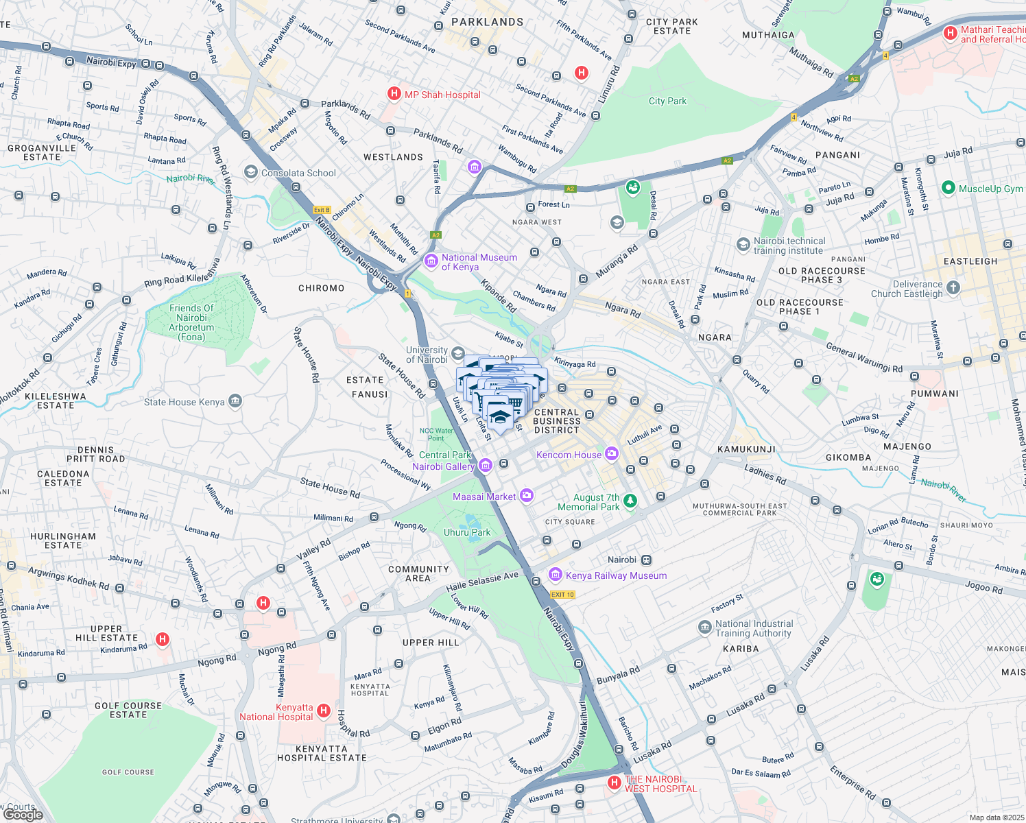 map of restaurants, bars, coffee shops, grocery stores, and more near Biashara Street in Nairobi
