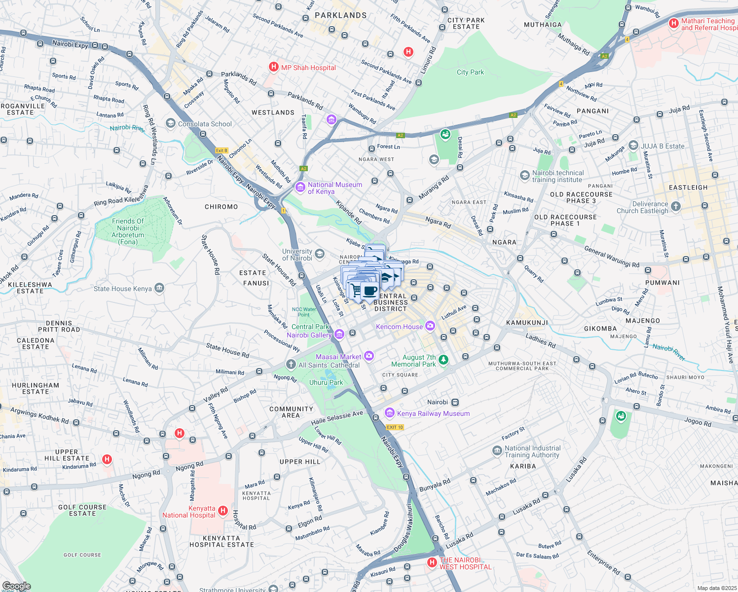 map of restaurants, bars, coffee shops, grocery stores, and more near Tubman Road in Nairobi