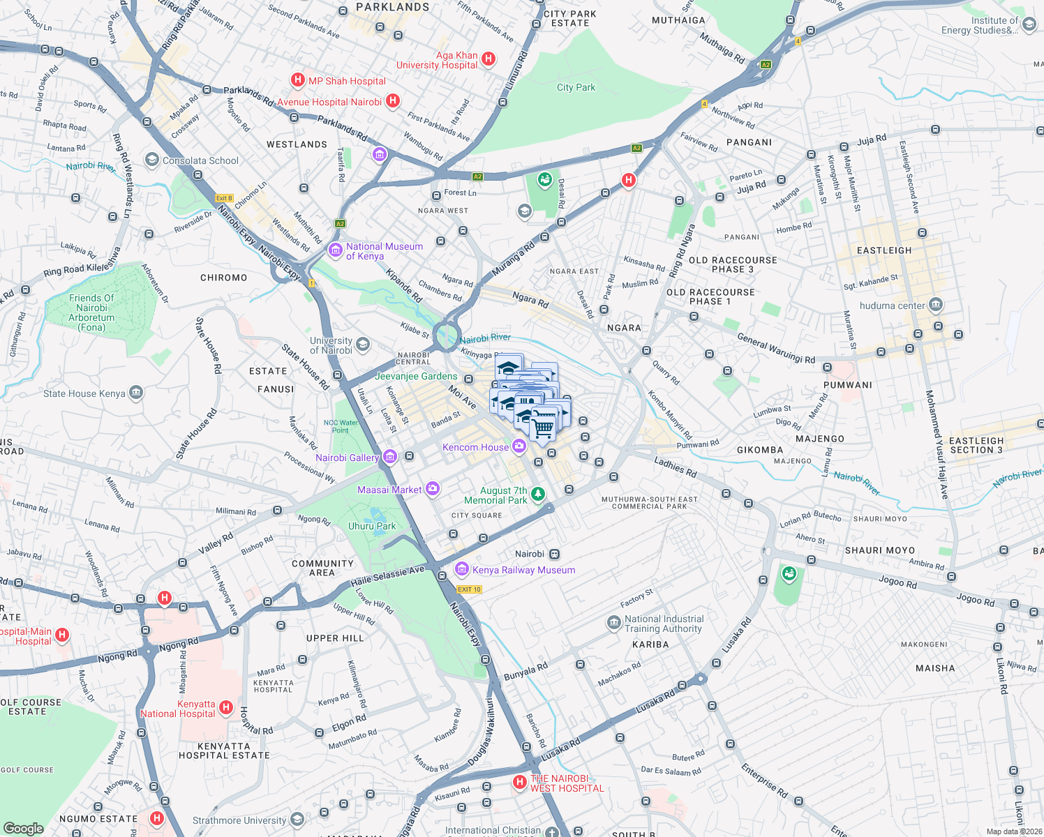 map of restaurants, bars, coffee shops, grocery stores, and more near Timboroa Lane in Nairobi