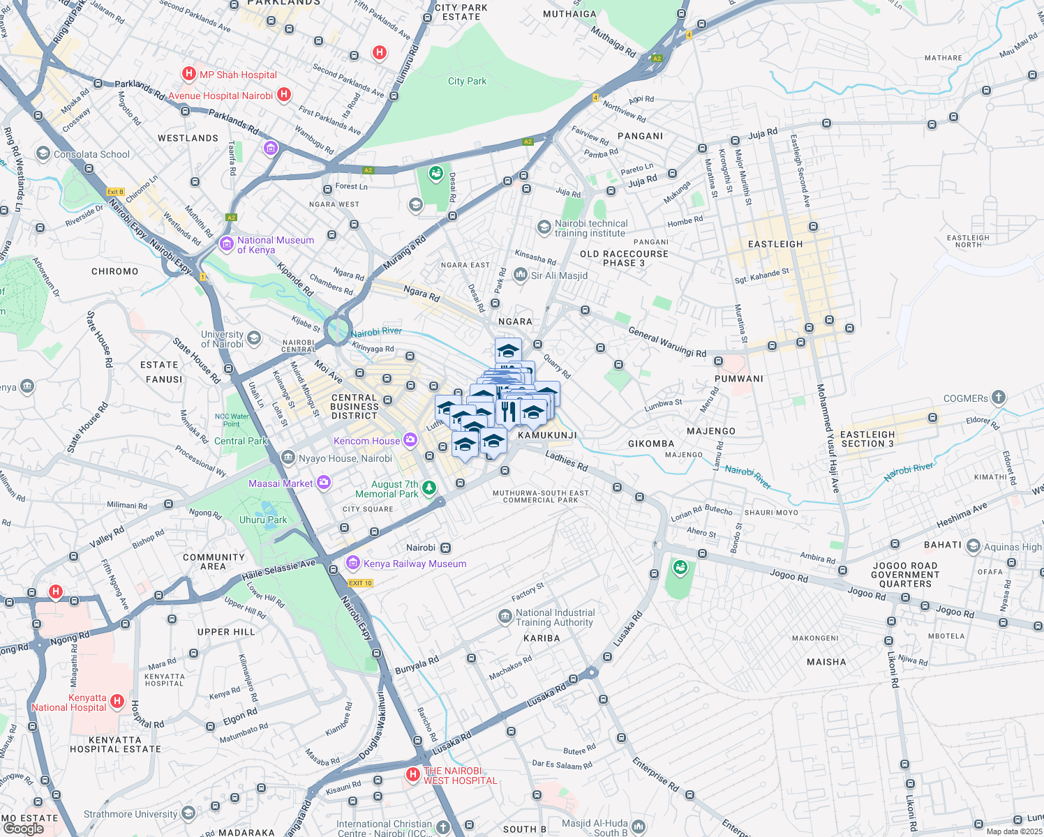 map of restaurants, bars, coffee shops, grocery stores, and more near Yatta Road in Nairobi