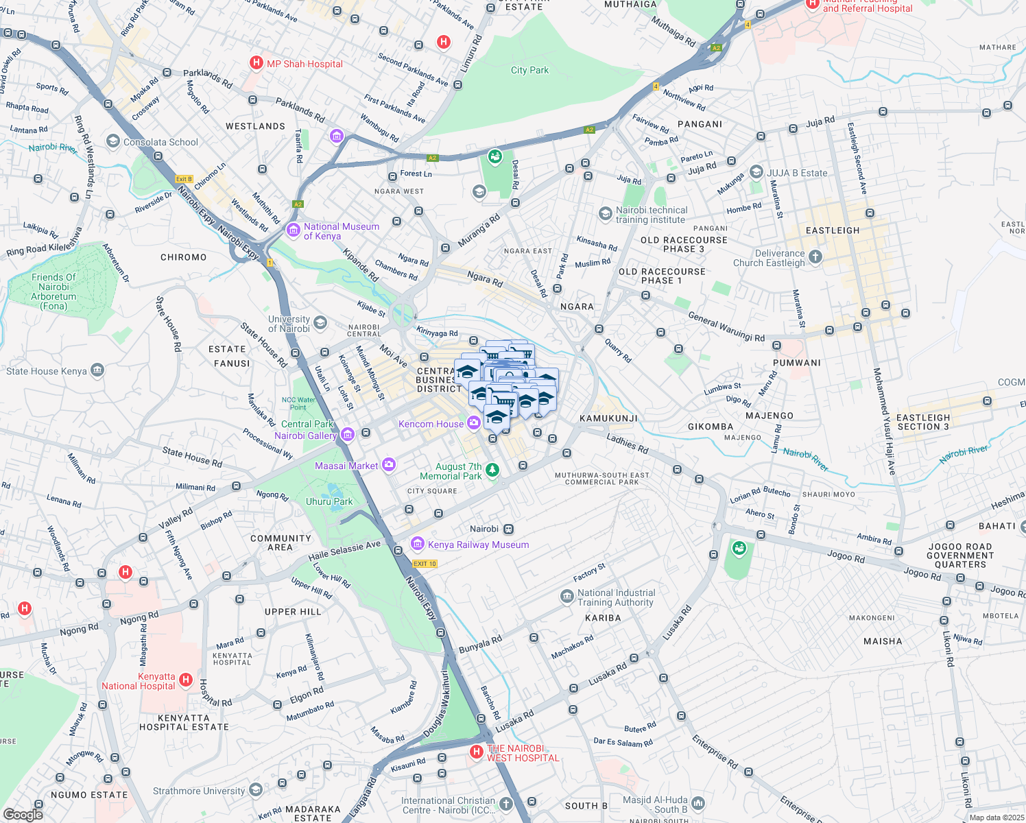 map of restaurants, bars, coffee shops, grocery stores, and more near Sheikh Karume Road in Nairobi