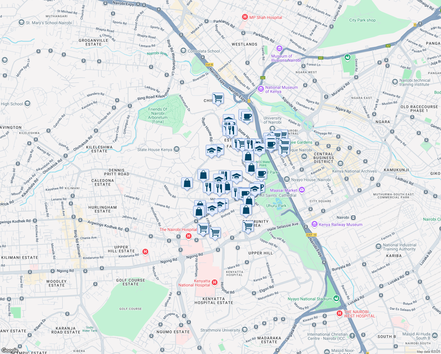 map of restaurants, bars, coffee shops, grocery stores, and more near in Nairobi
