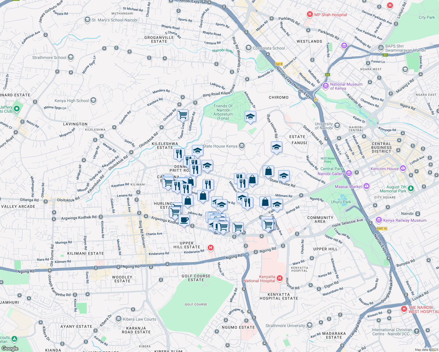 map of restaurants, bars, coffee shops, grocery stores, and more near Dennis Pritt Road in Nairobi