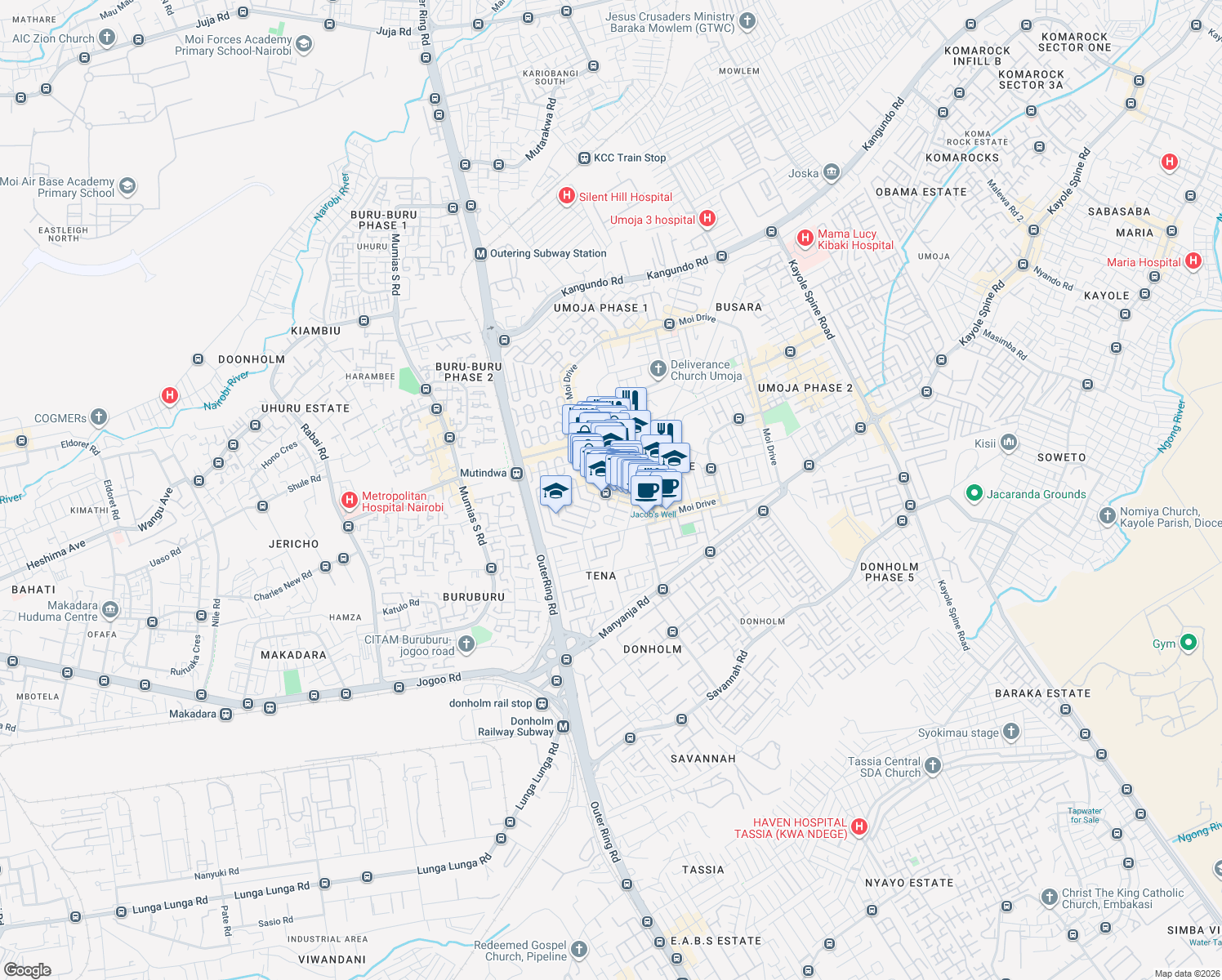 map of restaurants, bars, coffee shops, grocery stores, and more near Moi Drive in Nairobi