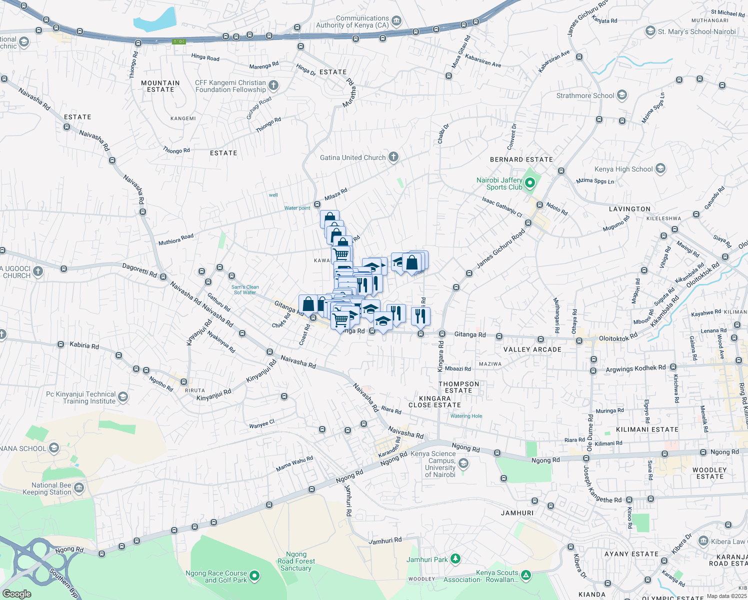 map of restaurants, bars, coffee shops, grocery stores, and more near Amboseli Lane in Nairobi