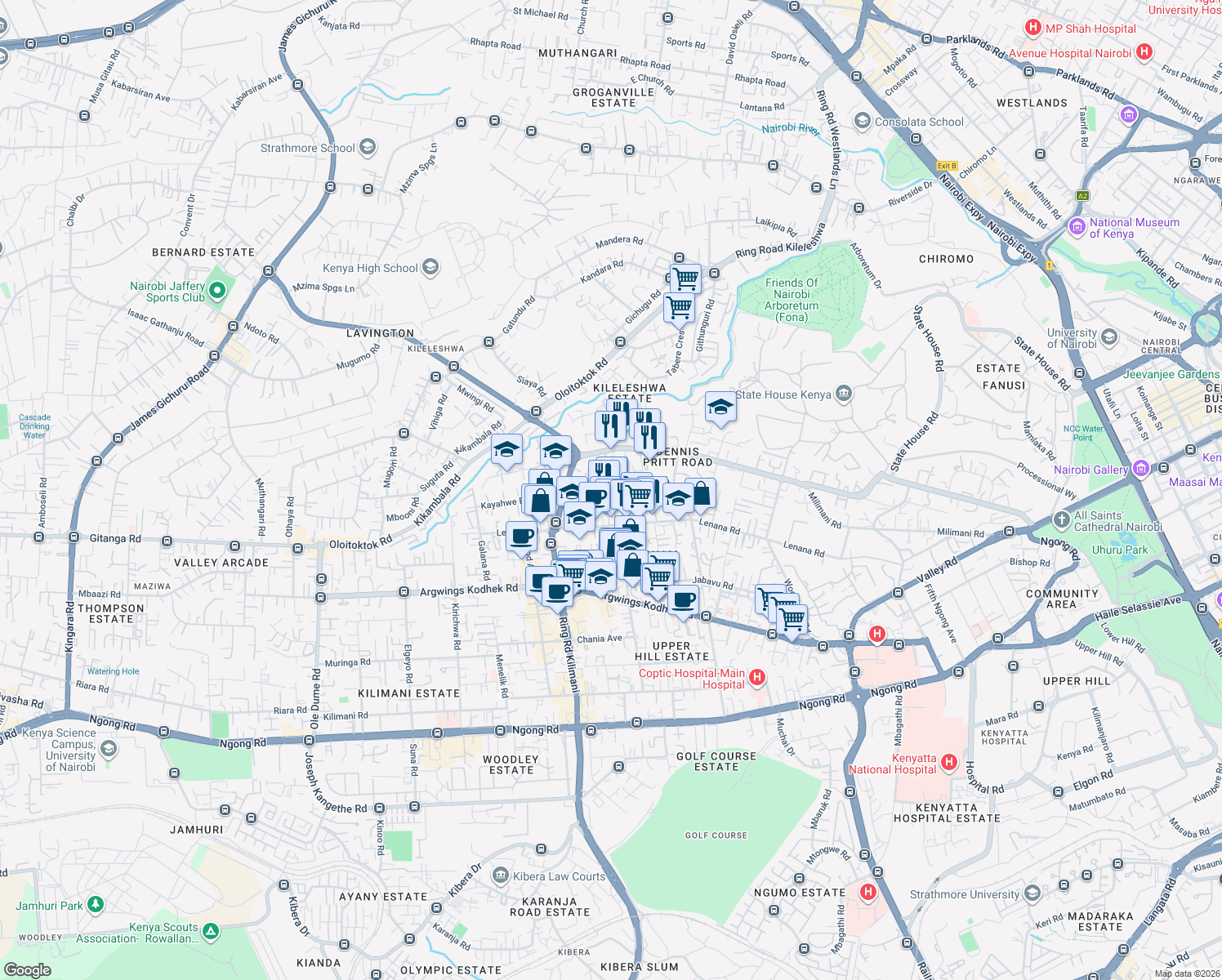 map of restaurants, bars, coffee shops, grocery stores, and more near Nyangumi Road in Nairobi