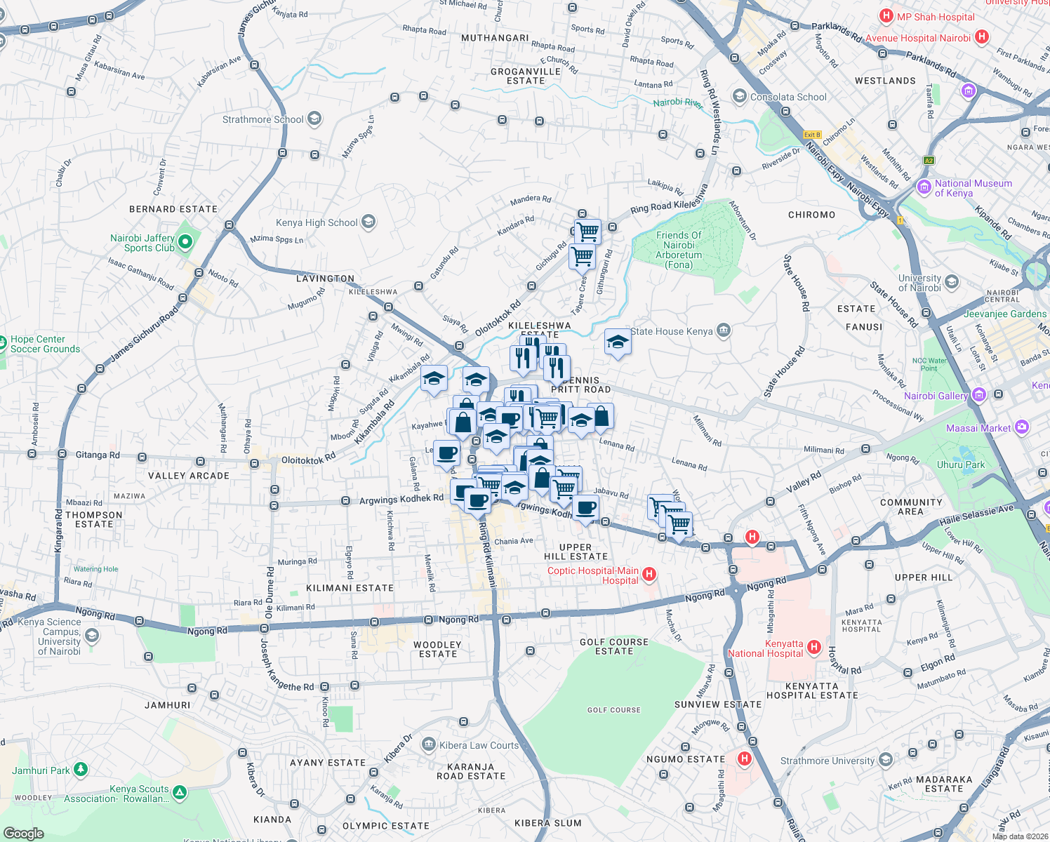 map of restaurants, bars, coffee shops, grocery stores, and more near Nyangumi Road in Nairobi