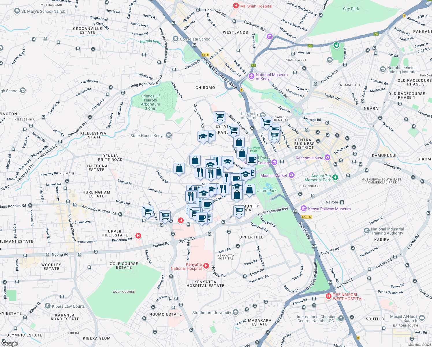 map of restaurants, bars, coffee shops, grocery stores, and more near State House Avenue in Nairobi