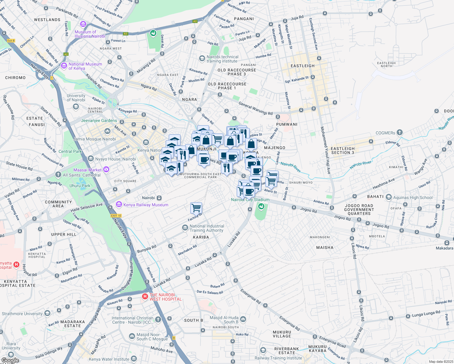 map of restaurants, bars, coffee shops, grocery stores, and more near Factory Street in Nairobi