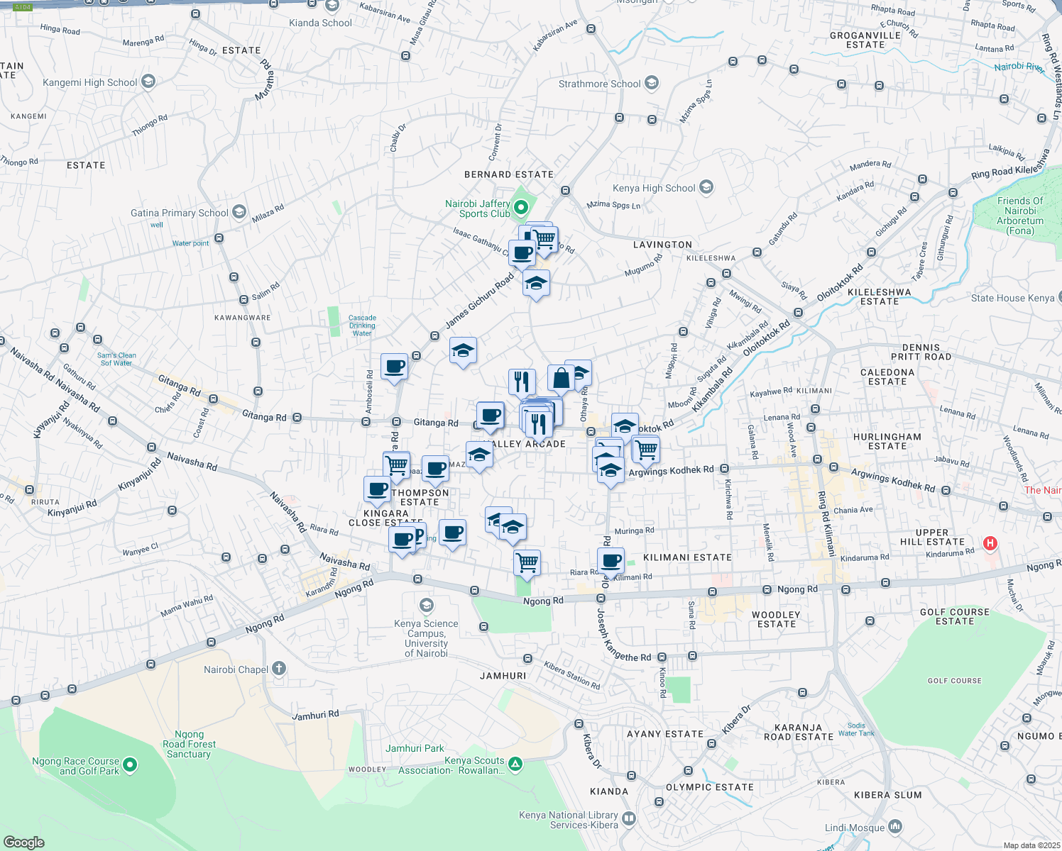 map of restaurants, bars, coffee shops, grocery stores, and more near in Nairobi