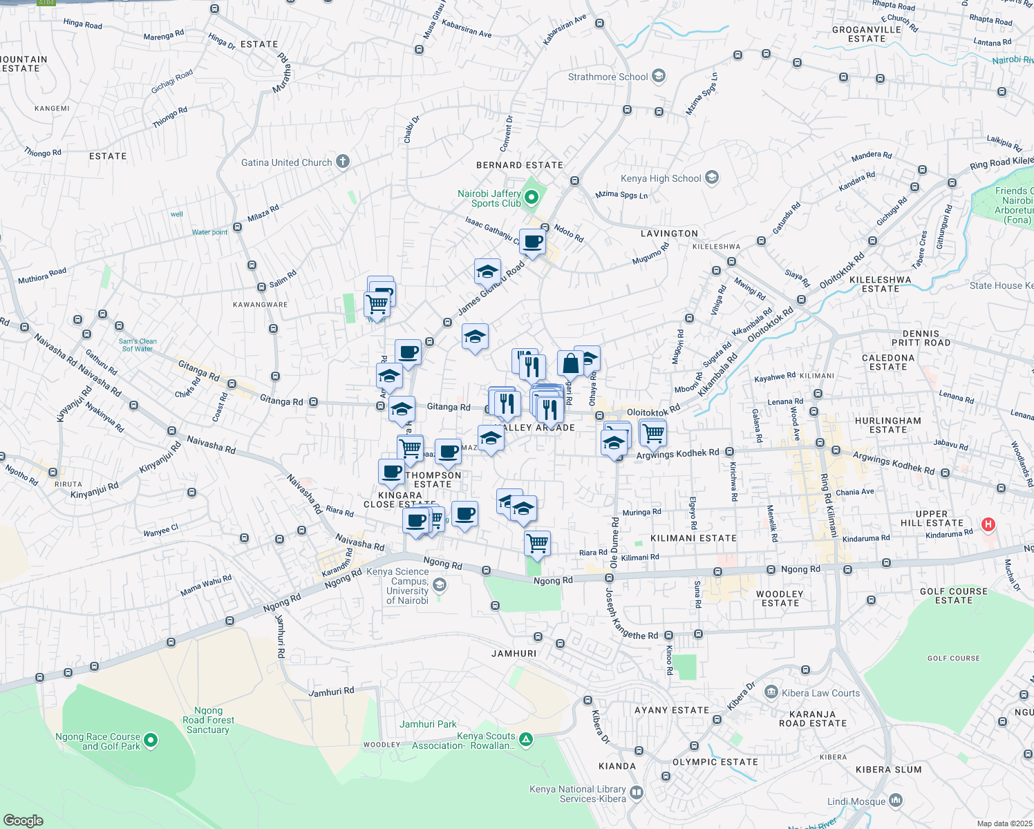 map of restaurants, bars, coffee shops, grocery stores, and more near Gitanga Road in Nairobi