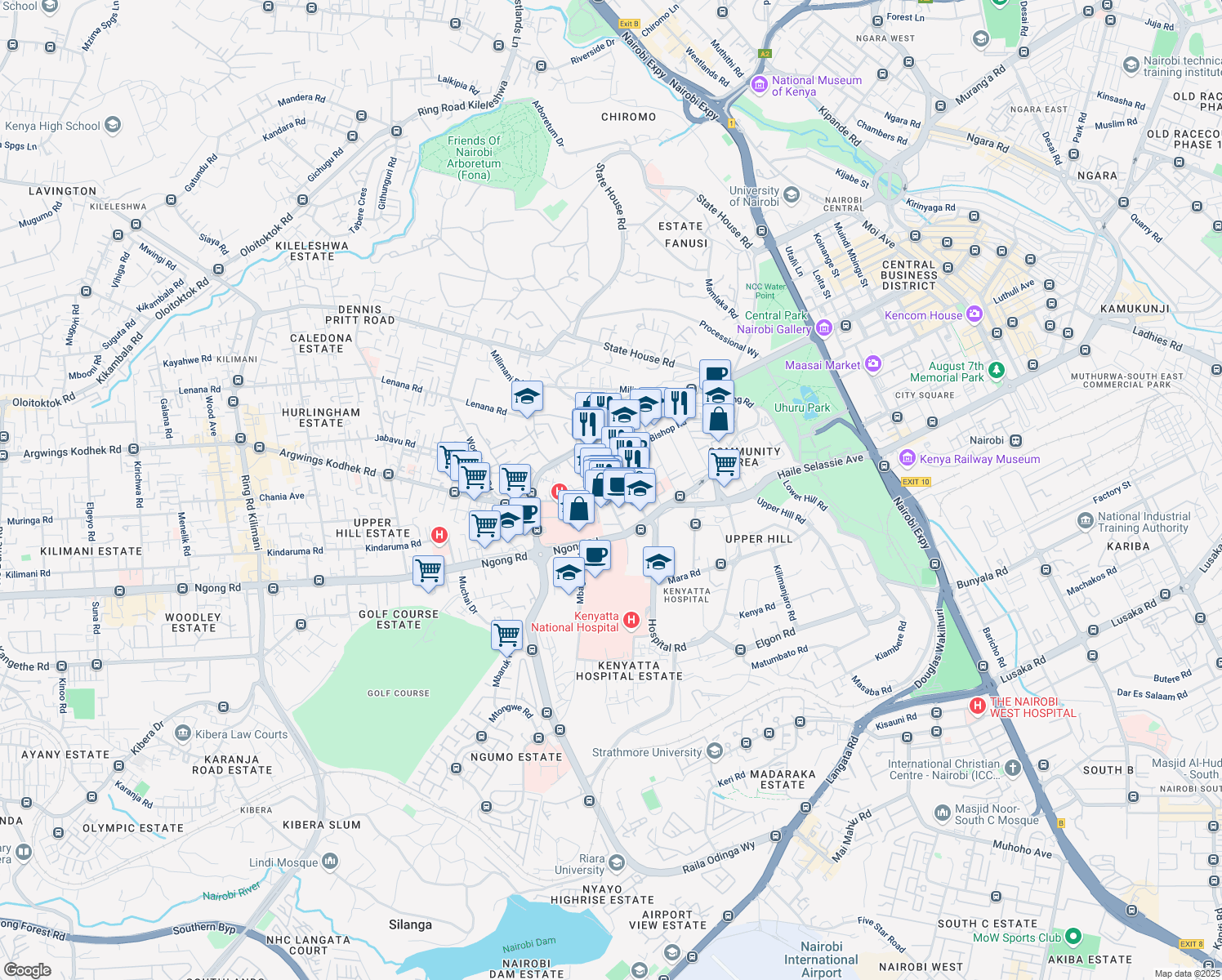 map of restaurants, bars, coffee shops, grocery stores, and more near Ralph Bunche Road in Nairobi