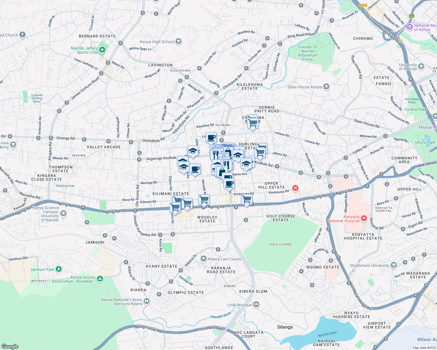 map of restaurants, bars, coffee shops, grocery stores, and more near Wood Avenue in Nairobi