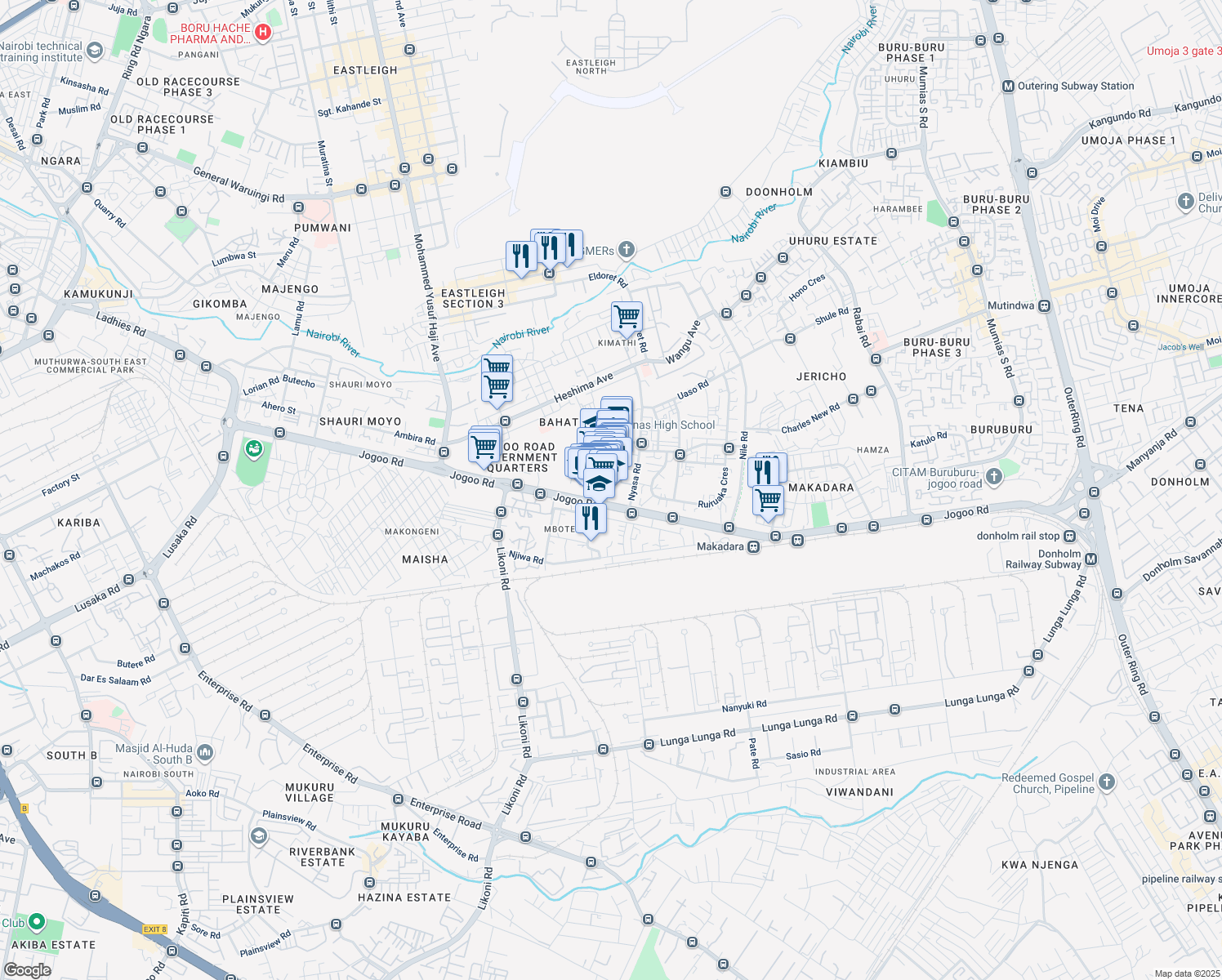 map of restaurants, bars, coffee shops, grocery stores, and more near Jogoo Road in Nairobi