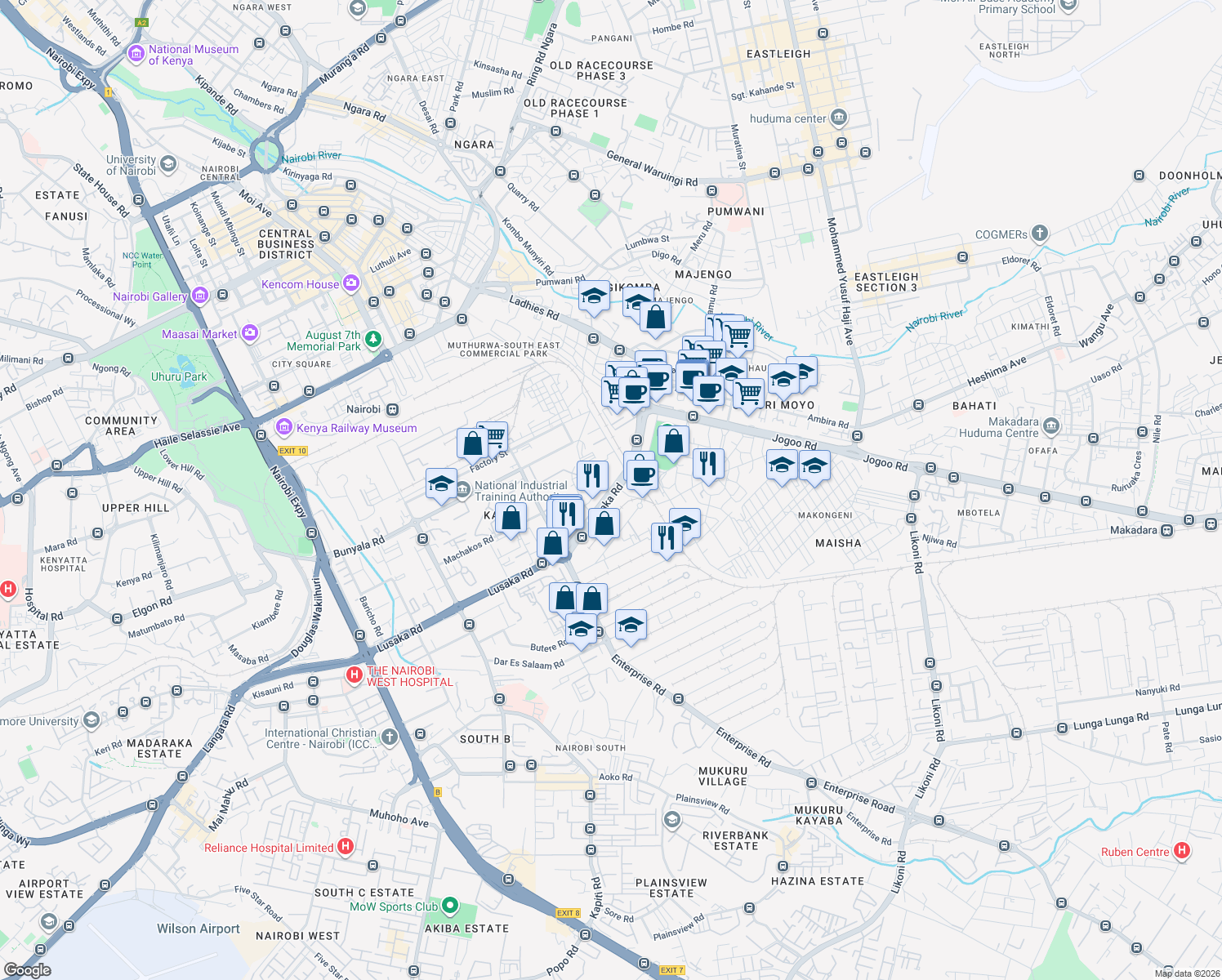 map of restaurants, bars, coffee shops, grocery stores, and more near Lusaka Road in Nairobi