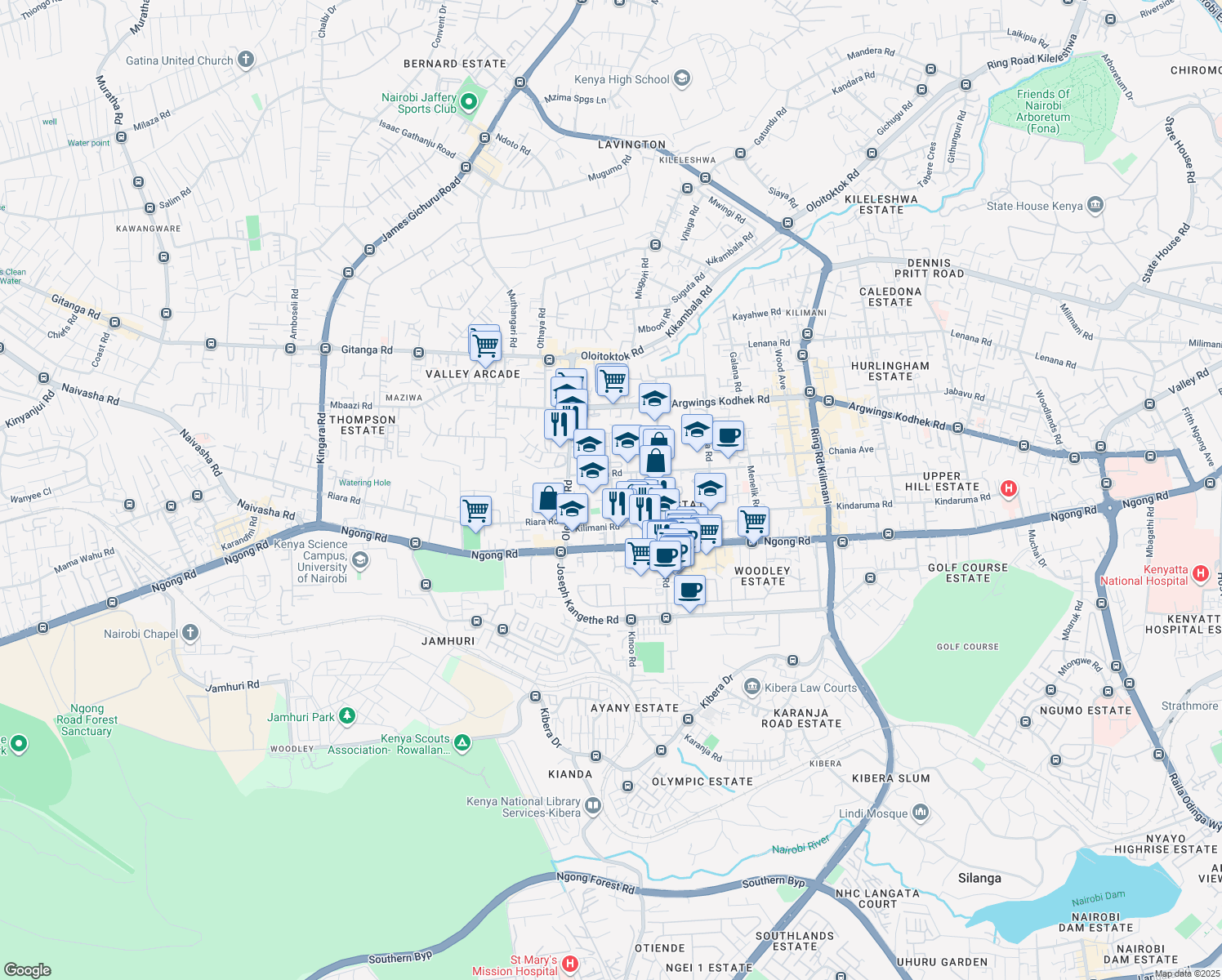 map of restaurants, bars, coffee shops, grocery stores, and more near Ndemi Rd in Nairobi