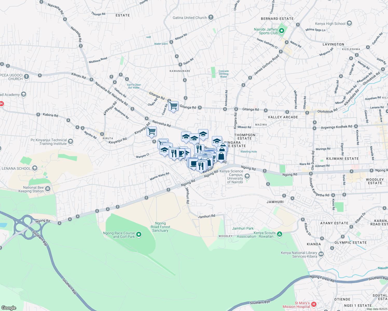map of restaurants, bars, coffee shops, grocery stores, and more near Wanyee Road in Nairobi