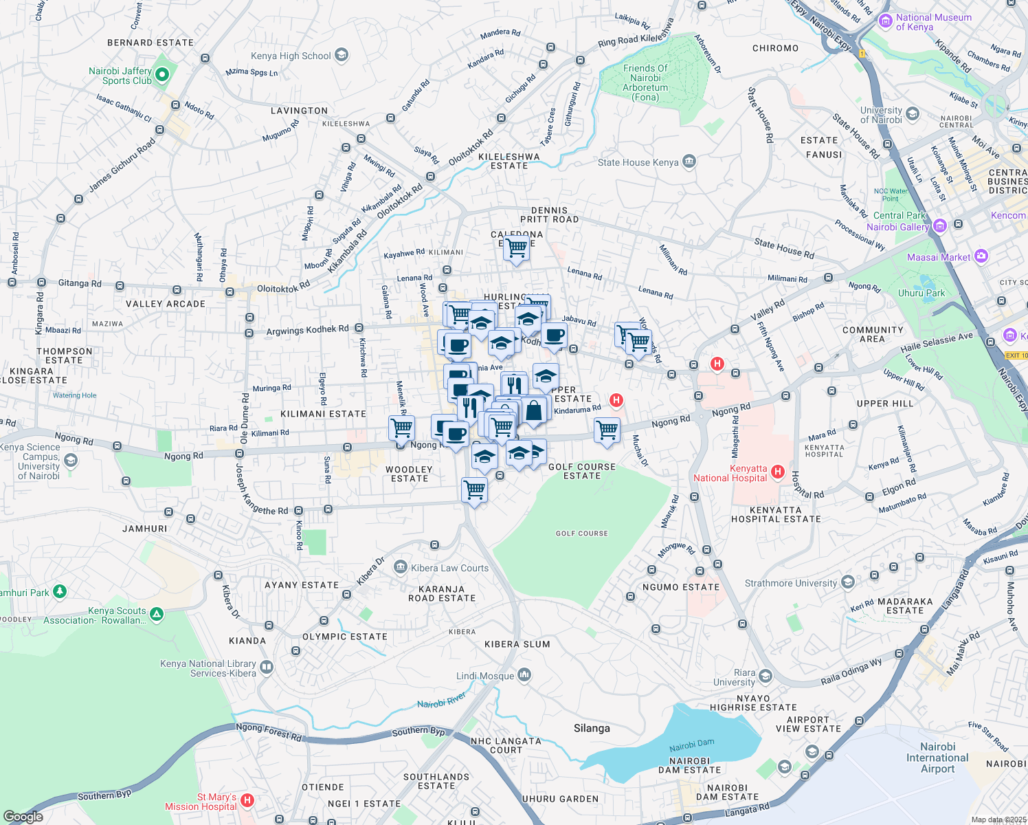 map of restaurants, bars, coffee shops, grocery stores, and more near Kindaruma Road in Nairobi