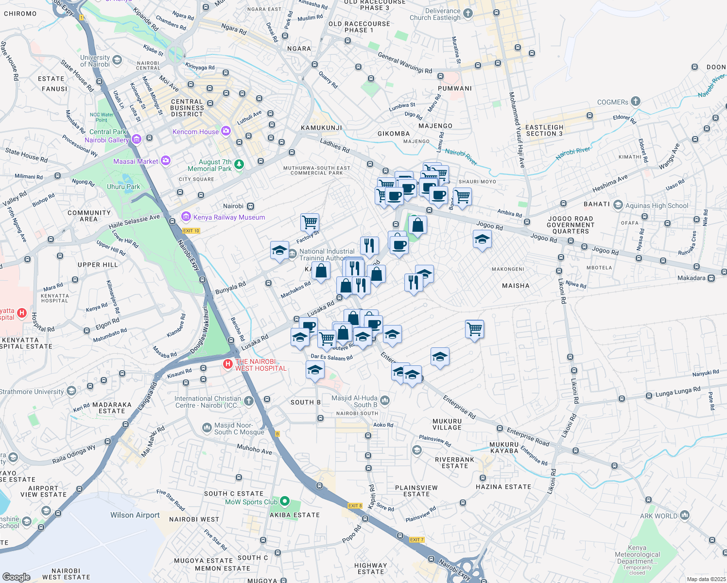 map of restaurants, bars, coffee shops, grocery stores, and more near Athi River Road in Nairobi