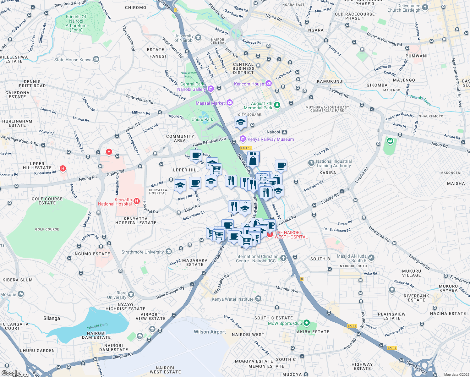 map of restaurants, bars, coffee shops, grocery stores, and more near Upper Hill Road in Nairobi