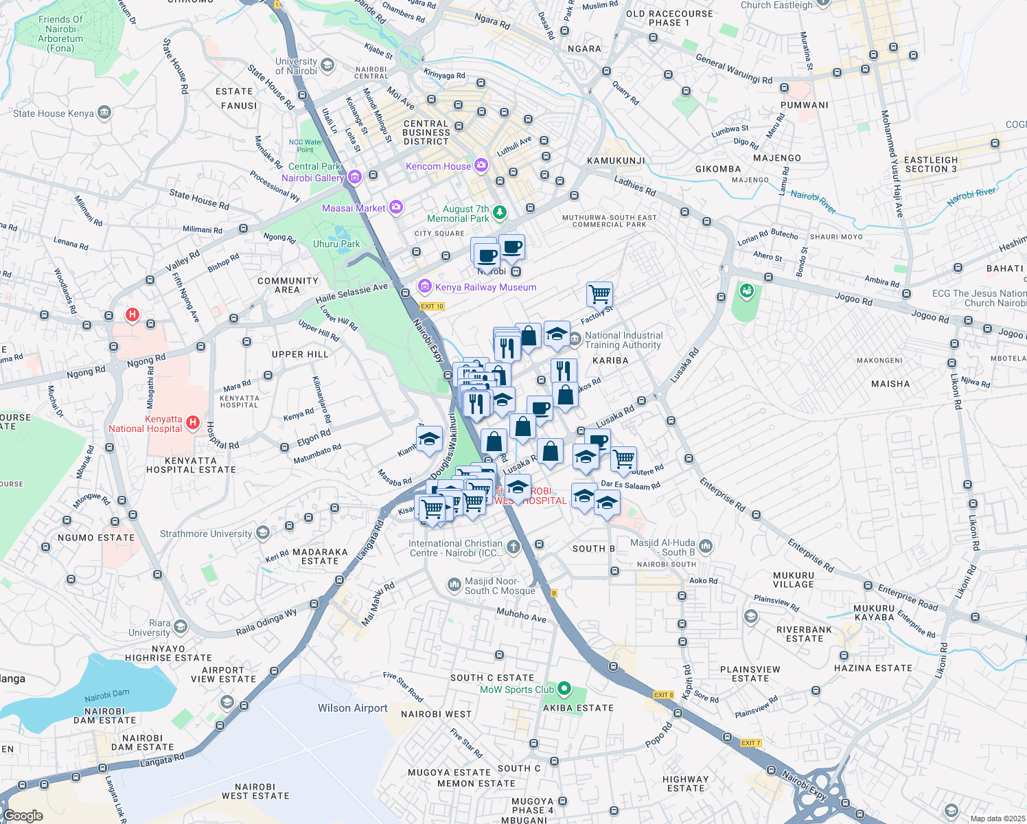 map of restaurants, bars, coffee shops, grocery stores, and more near 400 Hola Road in Nairobi
