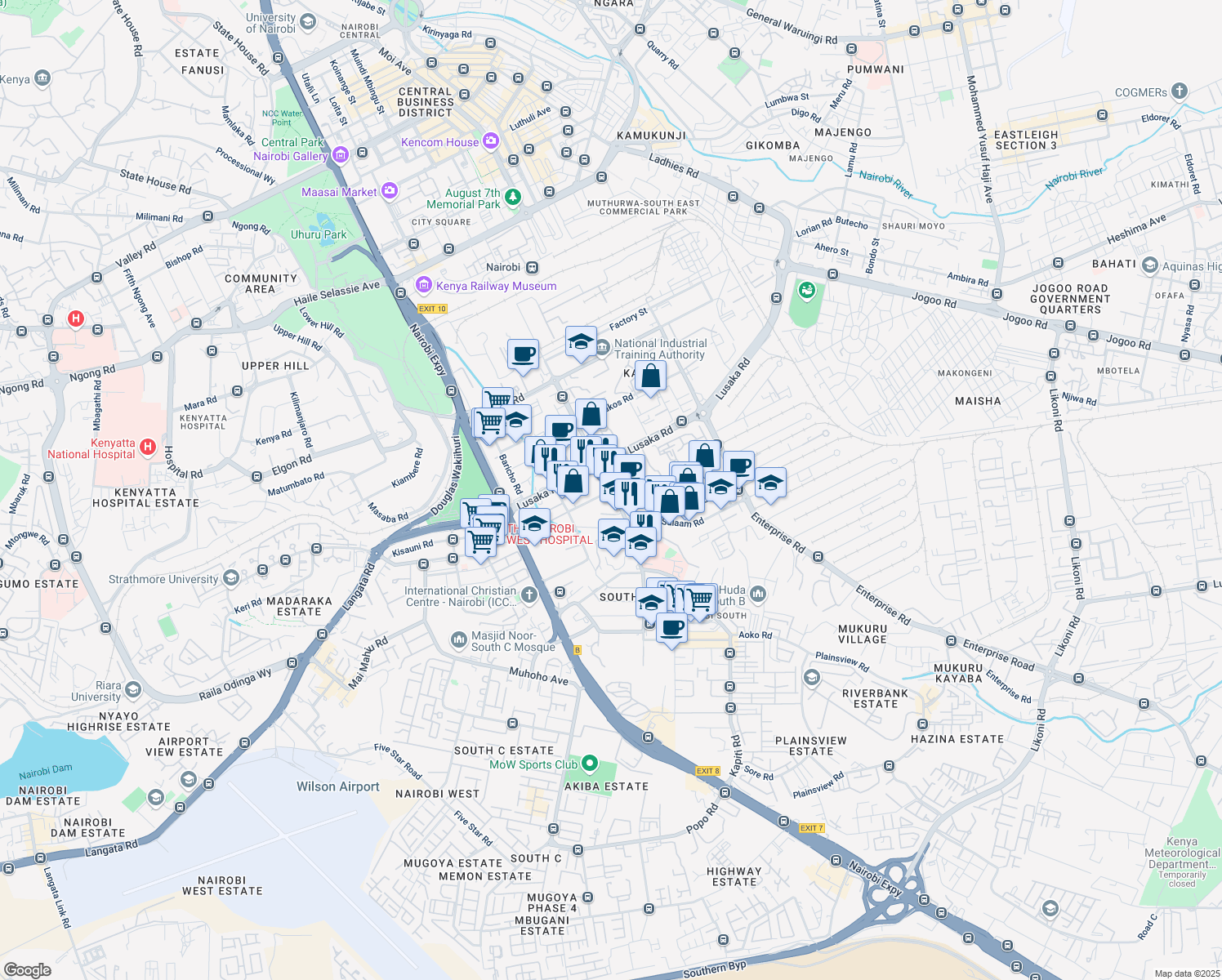 map of restaurants, bars, coffee shops, grocery stores, and more near Dunga Road in Nairobi