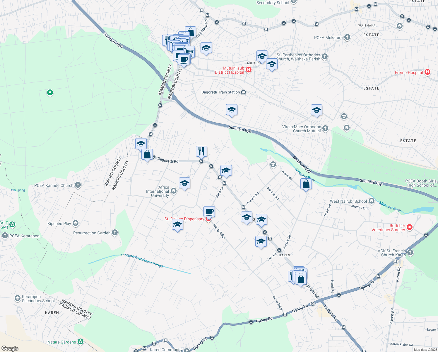 map of restaurants, bars, coffee shops, grocery stores, and more near Dagoretti Karen Road in Nairobi